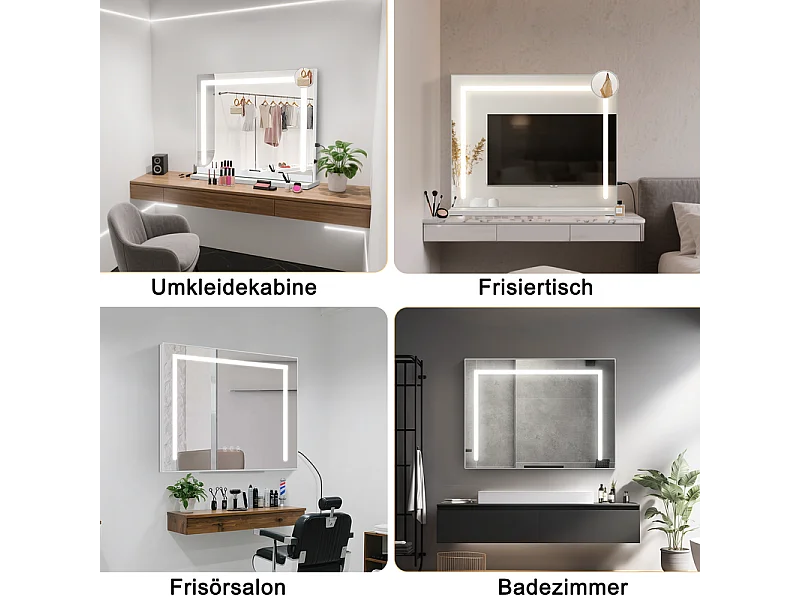 Miroir de maquillage NETTLIFE avec éclairage, 80 x 60 cm, miroir de coiffeuse avec lumière, LED tactile à intensité variable, miroir de courtoisie