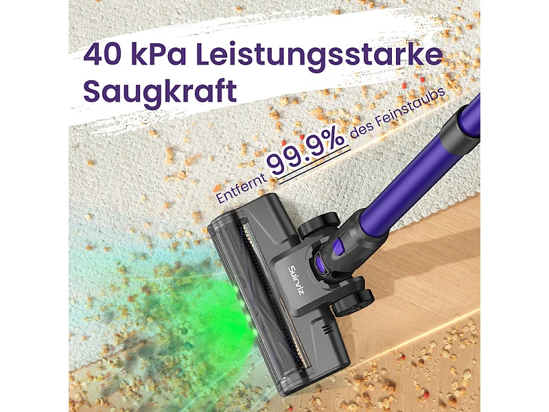 NETTLIFE snoerloze stofzuiger, 500W/40000 Pa/40 min, zelfstandige accu, lichtgewicht steelstofzuiger met groen licht, ideaal voor harde vloeren.