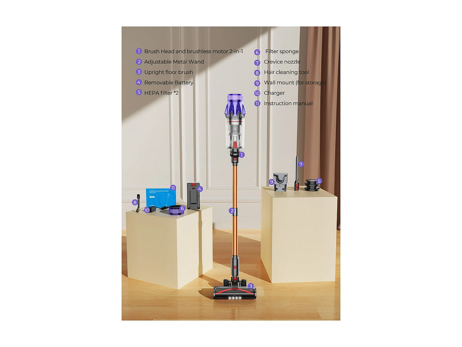 Bezprzewodowy odkurzacz Nettlife, siła ssania 50 kPa, silnik 500 W, czas pracy 60 minut, najwyższej jakości konstrukcja chroniąca zwierzęta i podłogi