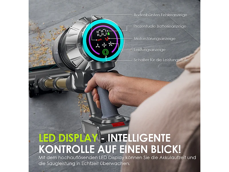 Aspirateur sans fil NETTLIFE, 45000 Pa/550W/60 min, avec brosse anti-emmêlement et moteur sans balais, aspirateur sans fil autonome, écran tactile LED