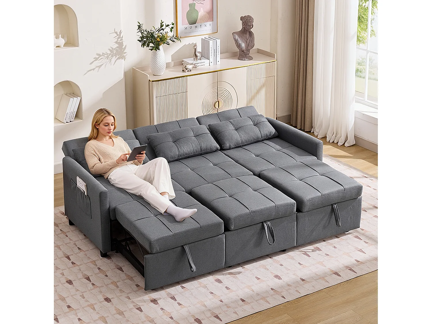 Divano letto moderno a 3 posti con funzione letto - 200 x 87 x 84,5 cm - Schienale reclinabile a 180° - Tessuto - grigio