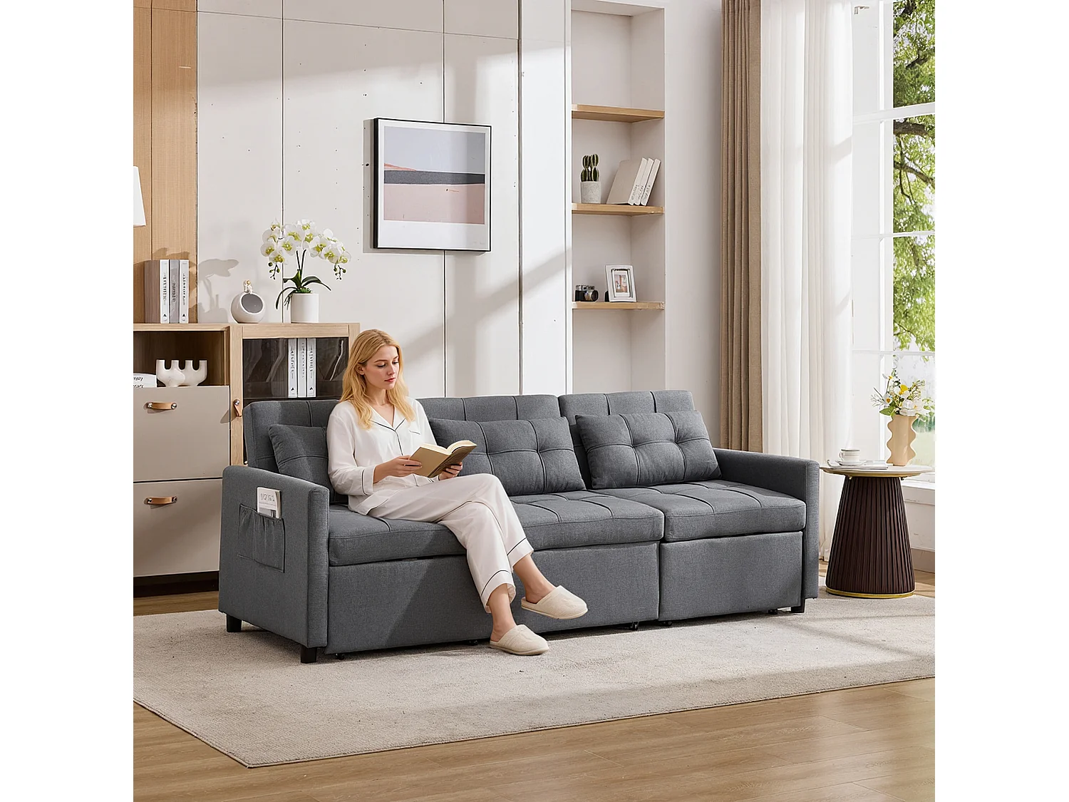 Divano letto moderno a 3 posti con funzione letto - 200 x 87 x 84,5 cm - Schienale reclinabile a 180° - Tessuto - grigio