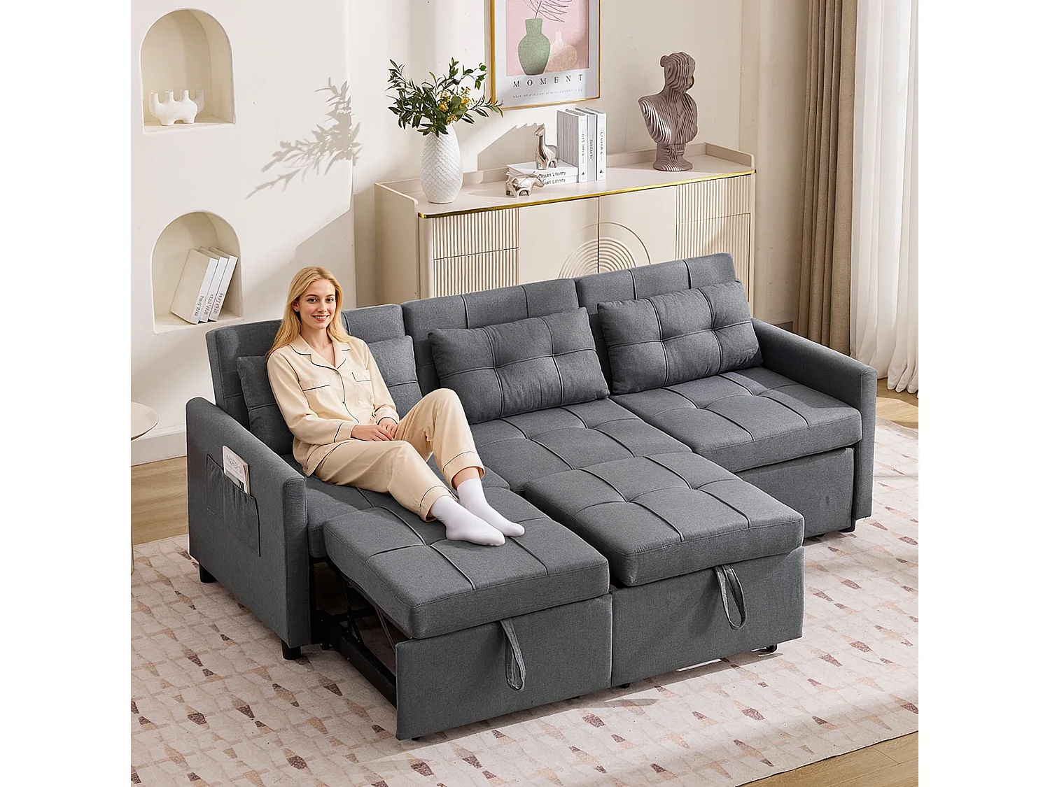 Divano letto moderno a 3 posti con funzione letto - 200 x 87 x 84,5 cm - Schienale reclinabile a 180° - Tessuto - grigio