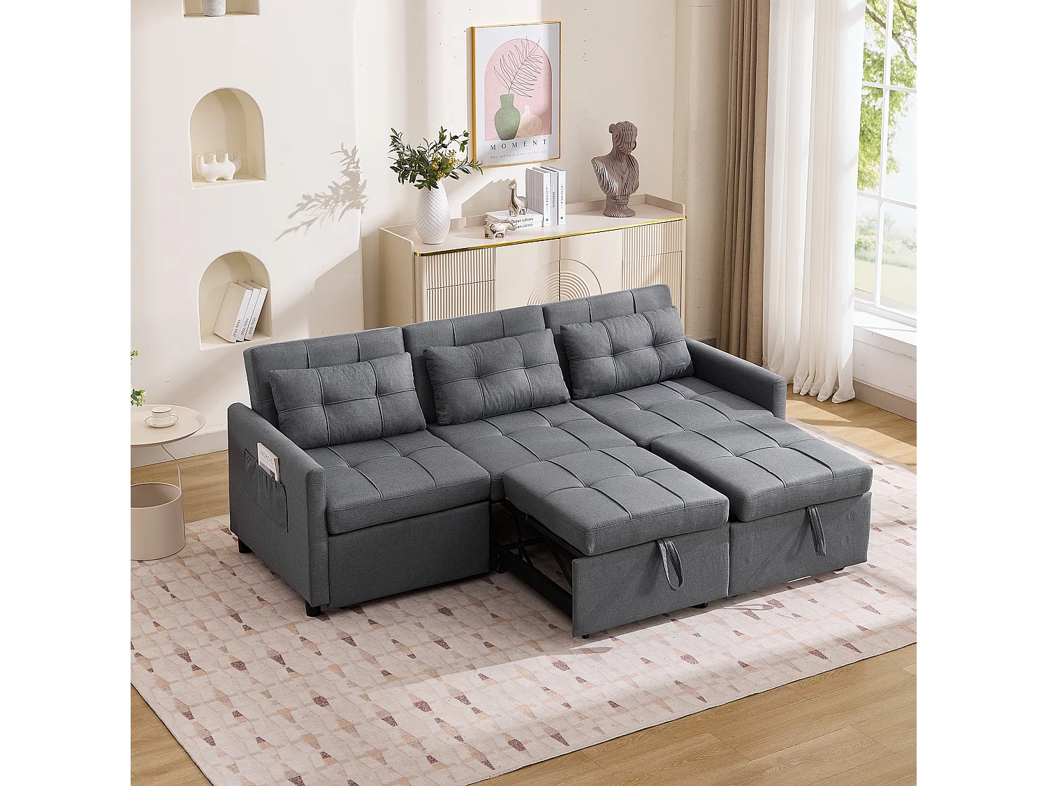 Divano letto moderno a 3 posti con funzione letto - 200 x 87 x 84,5 cm - Schienale reclinabile a 180° - Tessuto - grigio