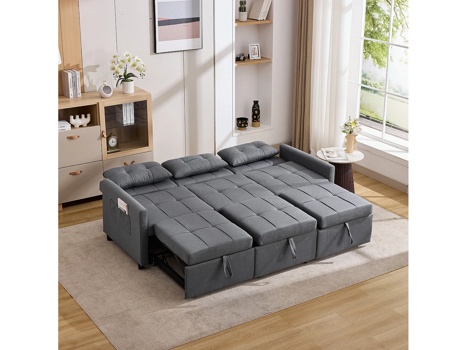 Divano letto moderno a 3 posti con funzione letto - 200 x 87 x 84,5 cm - Schienale reclinabile a 180° - Tessuto - grigio