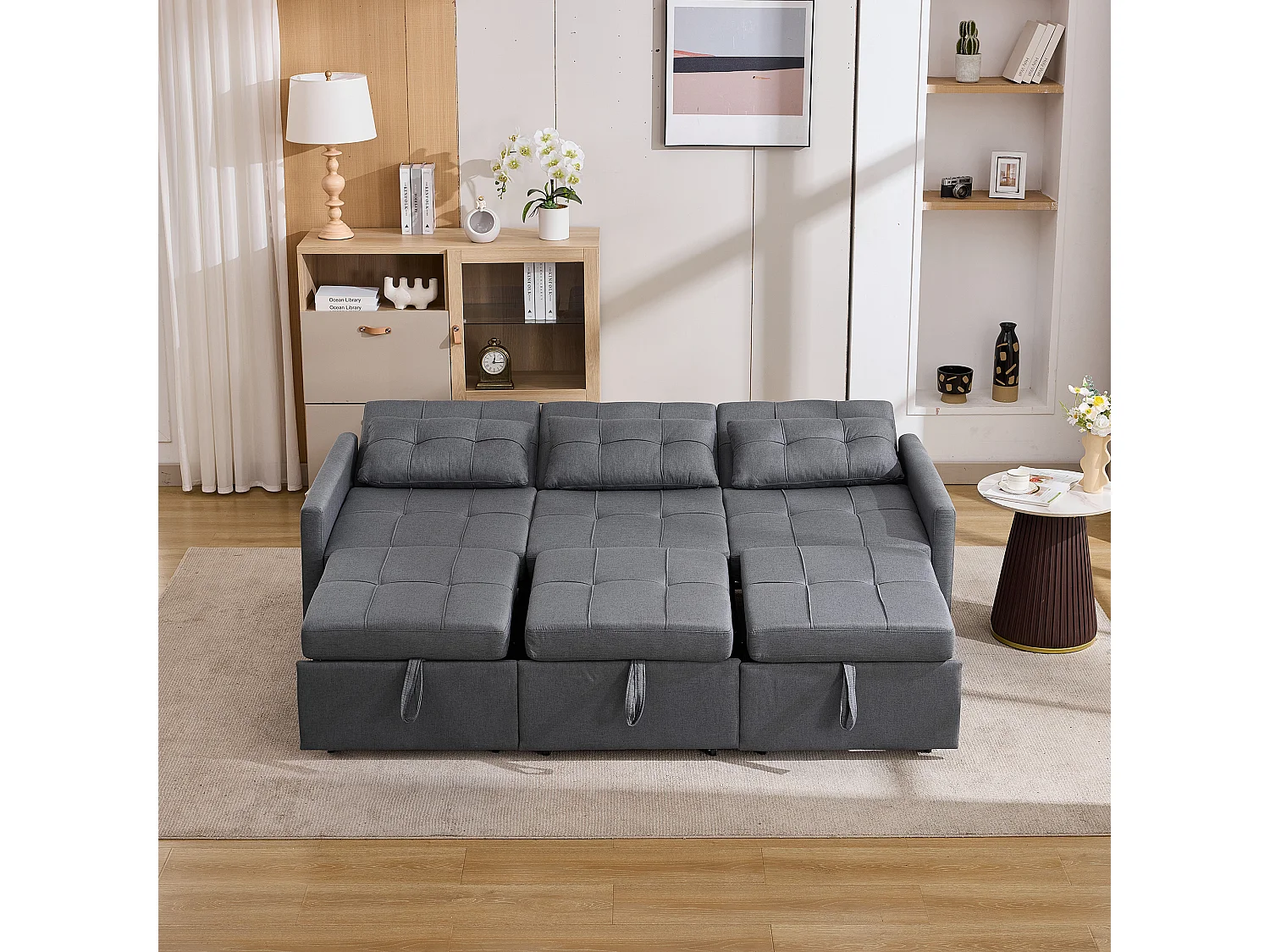 Divano letto moderno a 3 posti con funzione letto - 200 x 87 x 84,5 cm - Schienale reclinabile a 180° - Tessuto - grigio