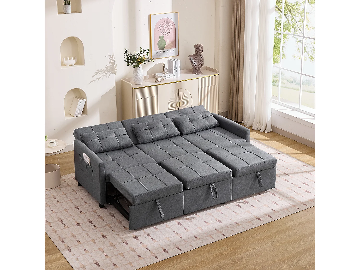 Divano letto moderno a 3 posti con funzione letto - 200 x 87 x 84,5 cm - Schienale reclinabile a 180° - Tessuto - grigio