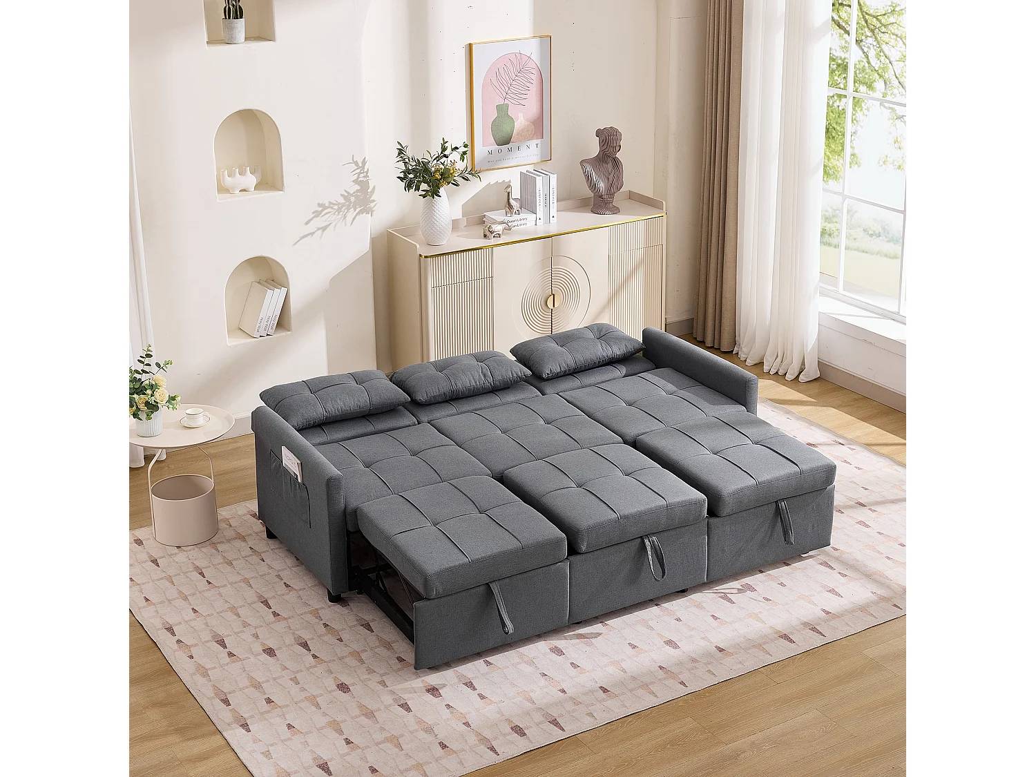 Divano letto moderno a 3 posti con funzione letto - 200 x 87 x 84,5 cm - Schienale reclinabile a 180° - Tessuto - grigio