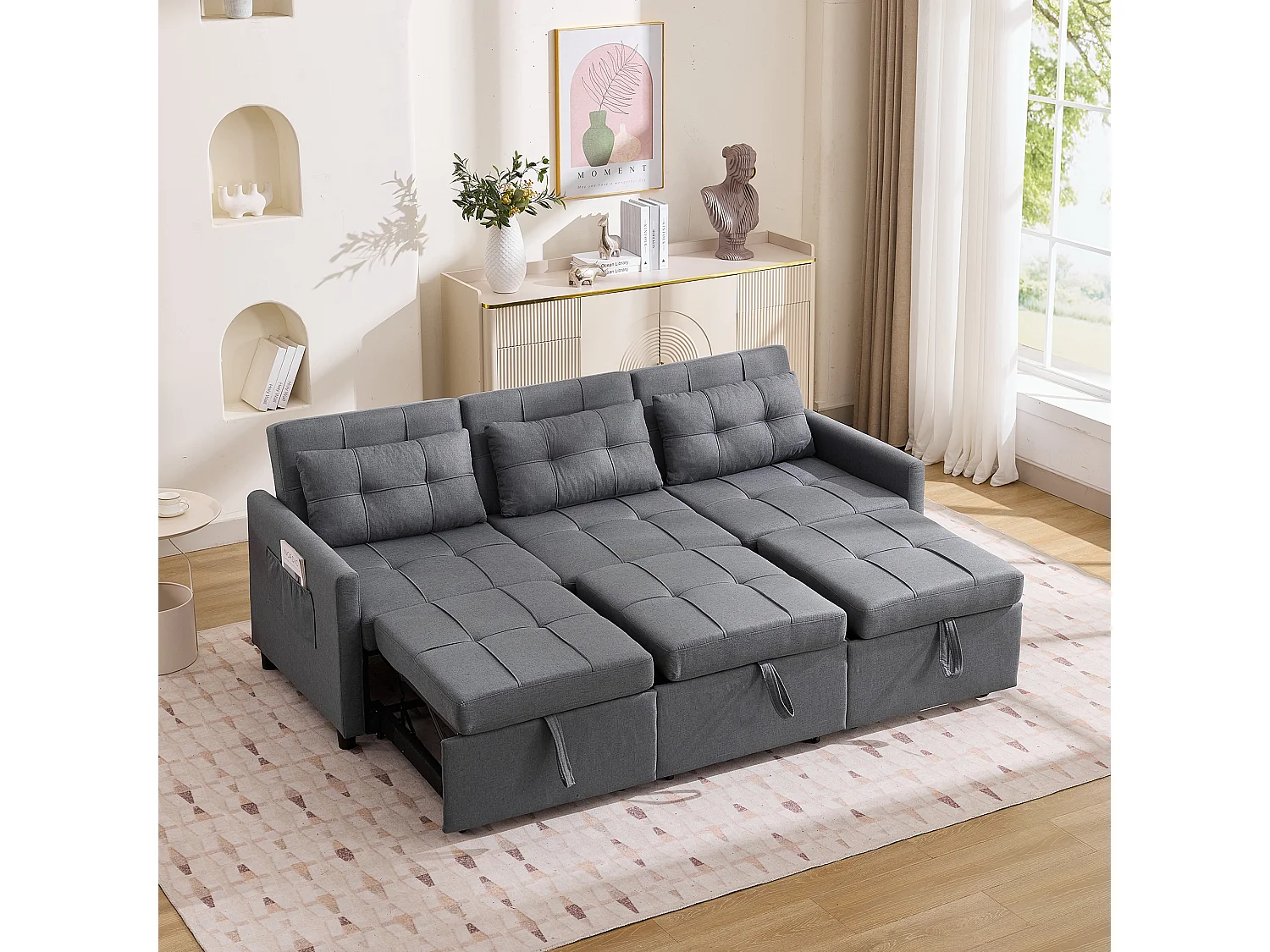 Divano letto moderno a 3 posti con funzione letto - 200 x 87 x 84,5 cm - Schienale reclinabile a 180° - Tessuto - grigio