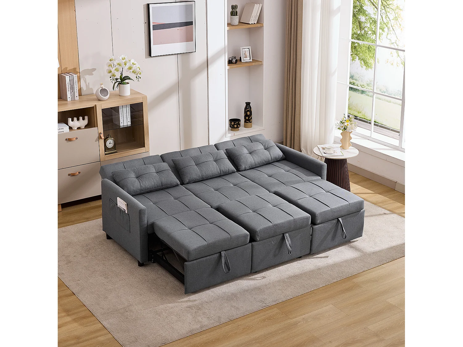 Divano letto moderno a 3 posti con funzione letto - 200 x 87 x 84,5 cm - Schienale reclinabile a 180° - Tessuto - grigio