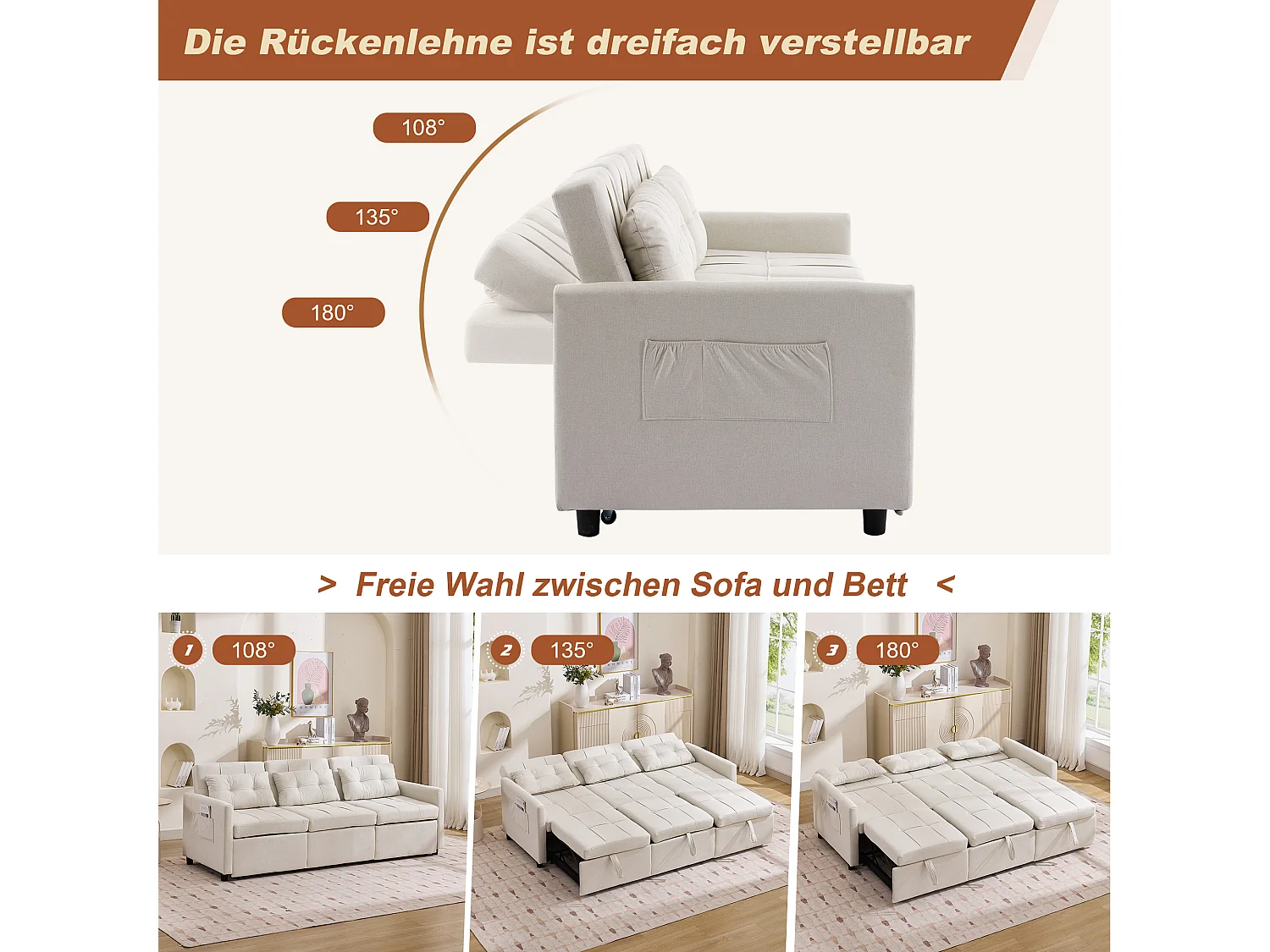 Canapé convertible 3 places moderne avec fonction couchage - 200 x 87 x 84.5 cm - dossier inclinable à 180°- Tissu - beige