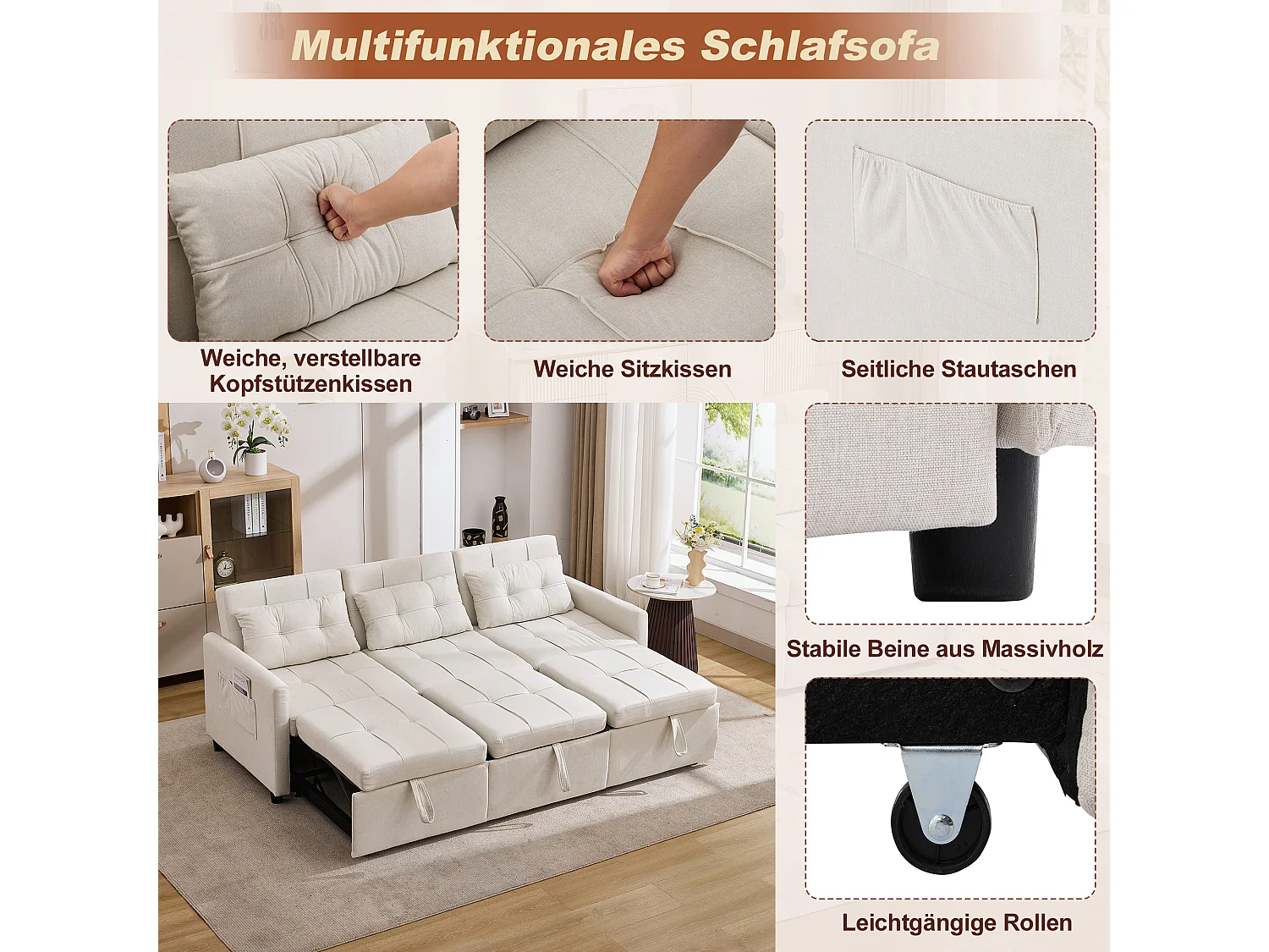 Canapé convertible 3 places moderne avec fonction couchage - 200 x 87 x 84.5 cm - dossier inclinable à 180°- Tissu - beige