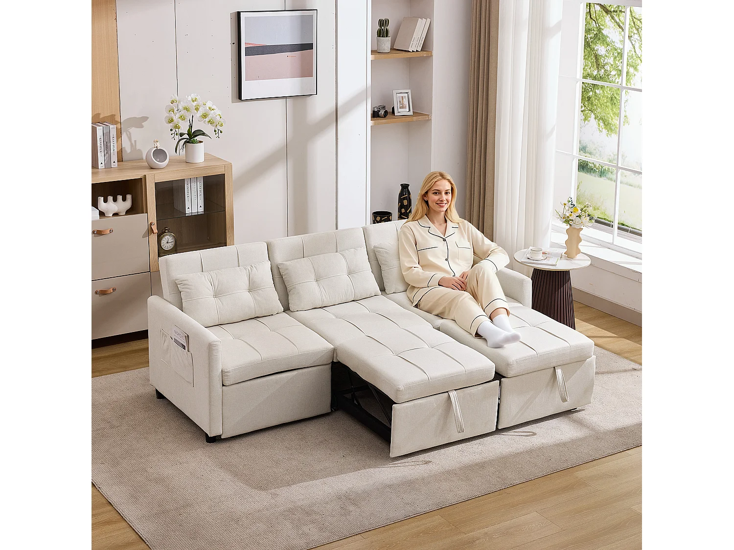 Canapé convertible 3 places moderne avec fonction couchage - 200 x 87 x 84.5 cm - dossier inclinable à 180°- Tissu - beige