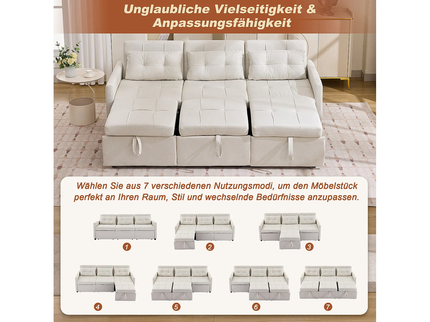 Canapé convertible 3 places moderne avec fonction couchage - 200 x 87 x 84.5 cm - dossier inclinable à 180°- Tissu - beige