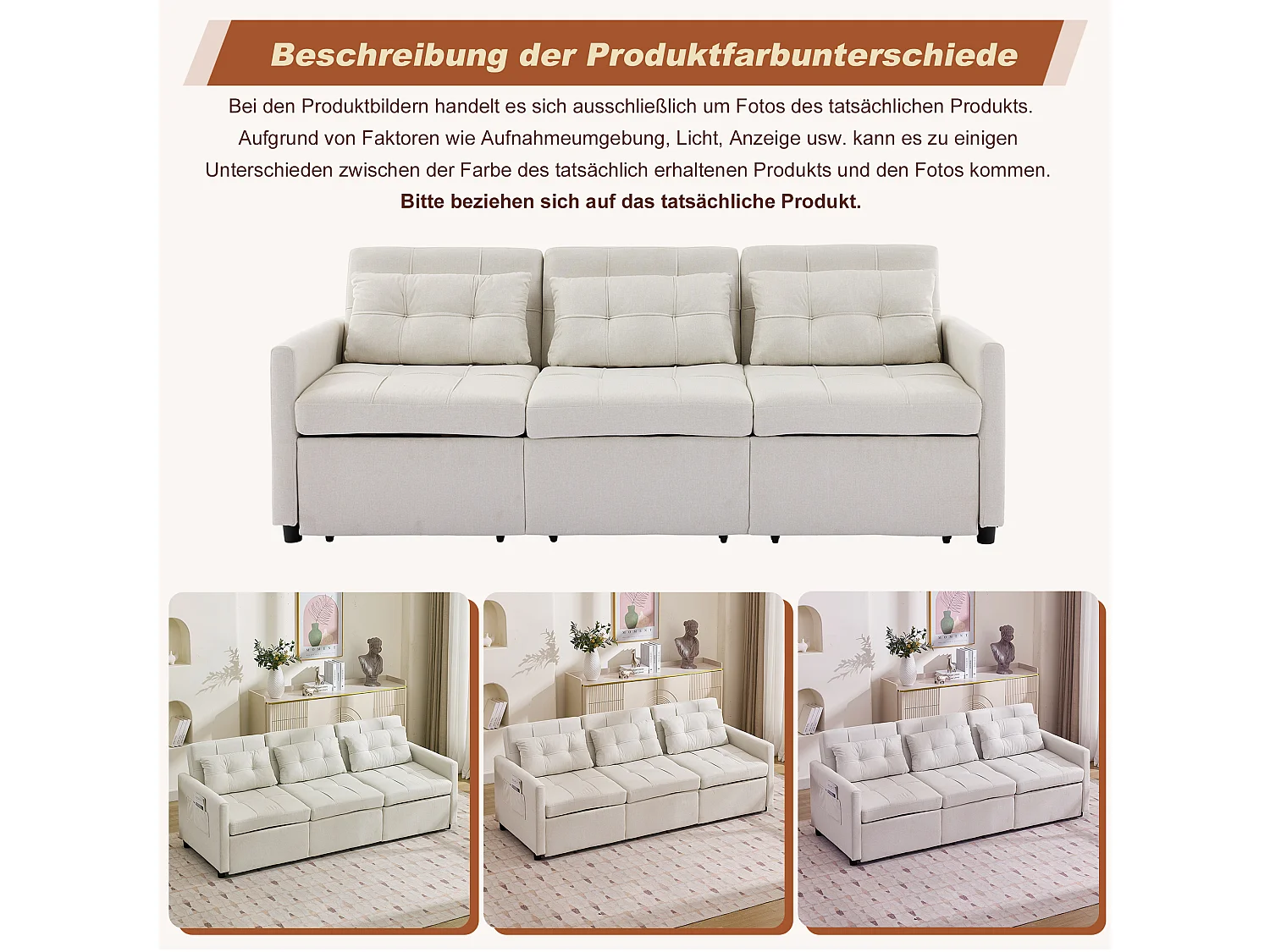 Canapé convertible 3 places moderne avec fonction couchage - 200 x 87 x 84.5 cm - dossier inclinable à 180°- Tissu - beige