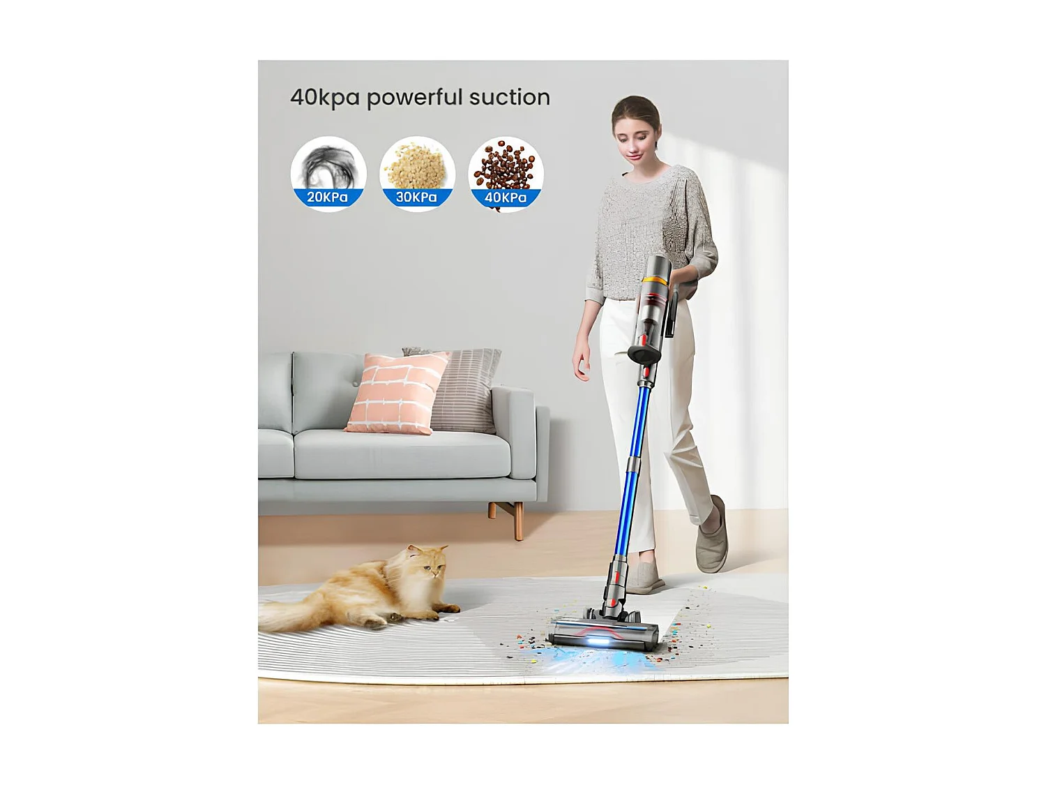 Nettlife JAS-V15 bezprzewodowy odkurzacz ręczny i pionowy, duża siła ssania 40 kPa, czas pracy na baterii 60 minut, regulowana prędkość za pomocą ekranu dotykowego.