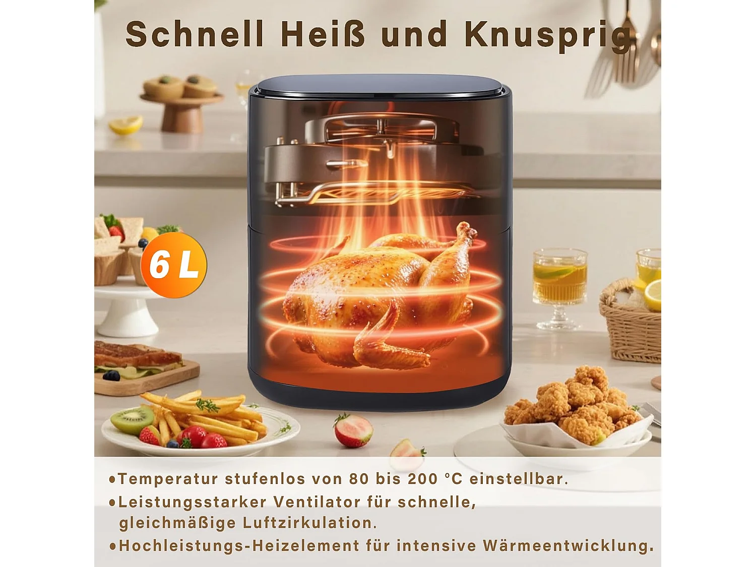 Nettlife Friteuse à air chaud 6 L, panier unique, fenêtre de visualisation - 7 programmes de cuisson, friteuse à air chaud silencieuse (noir)