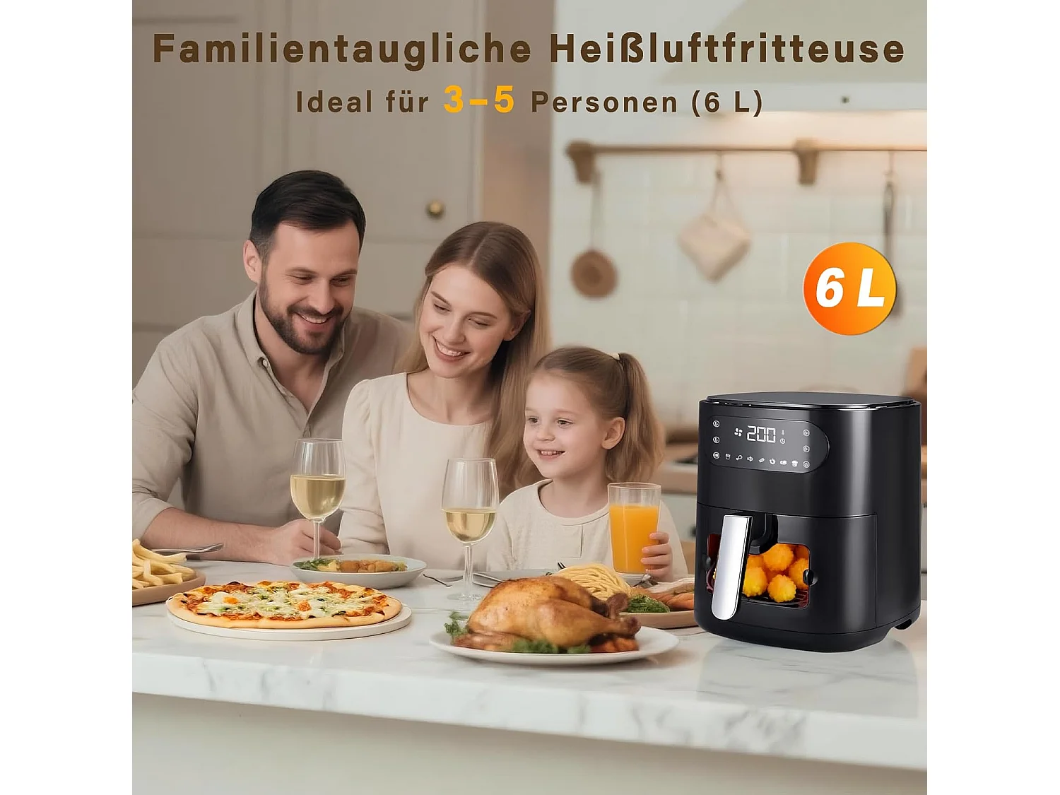 Nettlife Friteuse à air chaud 6 L, panier unique, fenêtre de visualisation - 7 programmes de cuisson, friteuse à air chaud silencieuse (noir)