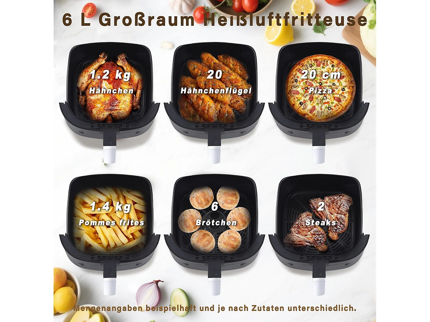 Nettlife 6L Airfryer, enkele mand, kijkvenster - 7 kookprogramma's, stille airfryer (zwart)