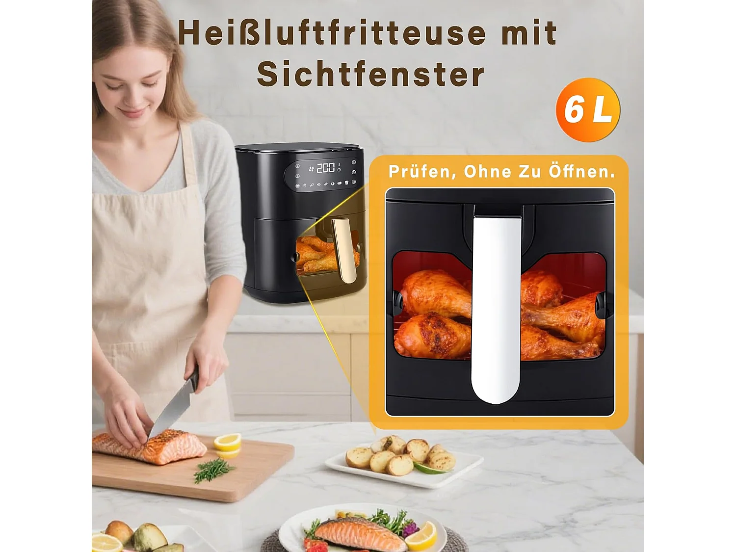 Nettlife 6L Airfryer, enkele mand, kijkvenster - 7 kookprogramma's, stille airfryer (zwart)