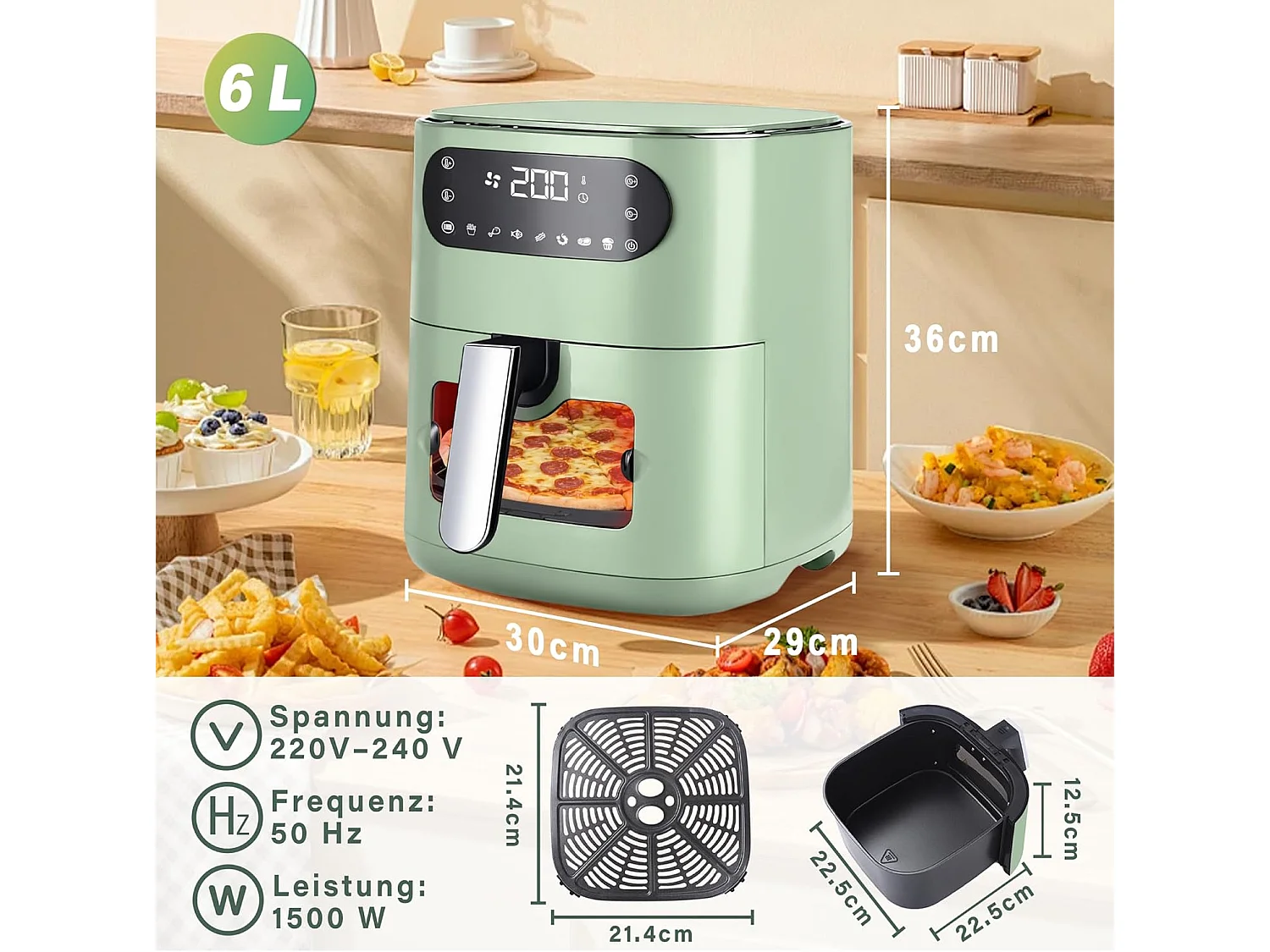 Nettlife 6L airfryer, enkele mand, kijkvenster, 7 kookprogramma's, stil (groen)