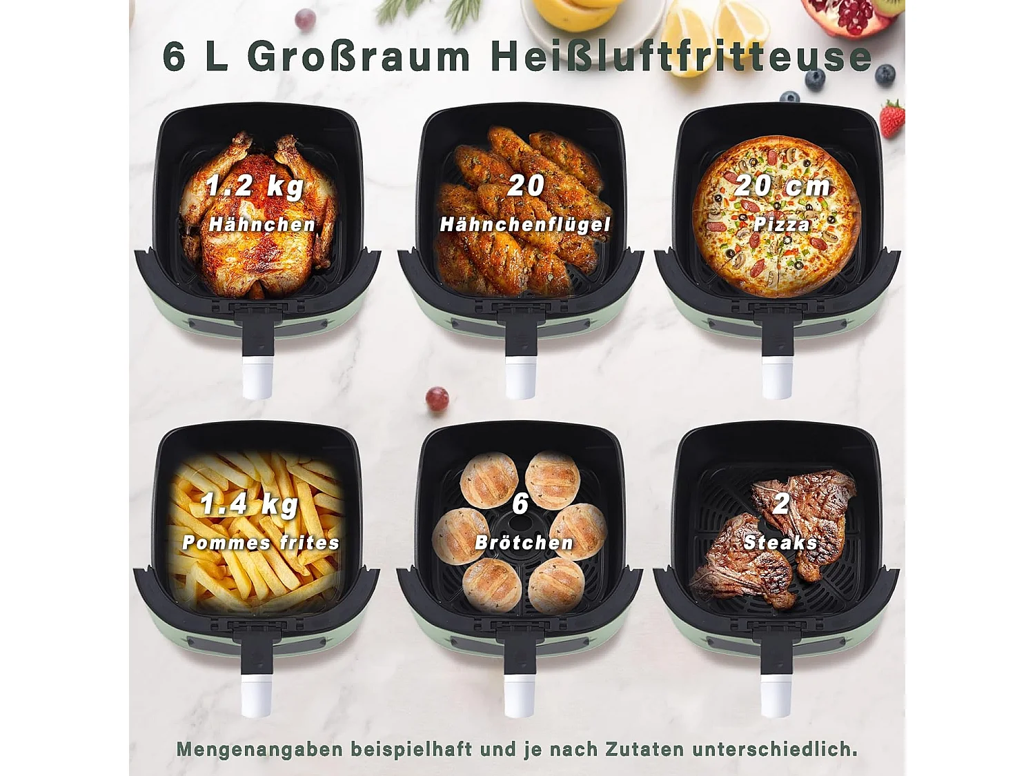 Nettlife 6L airfryer, enkele mand, kijkvenster, 7 kookprogramma's, stil (groen)