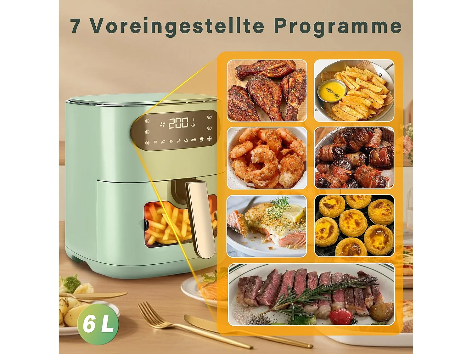 Friteuse à air Nettlife 6 L, panier simple, hublot, 7 programmes de cuisson, silencieuse (verte)