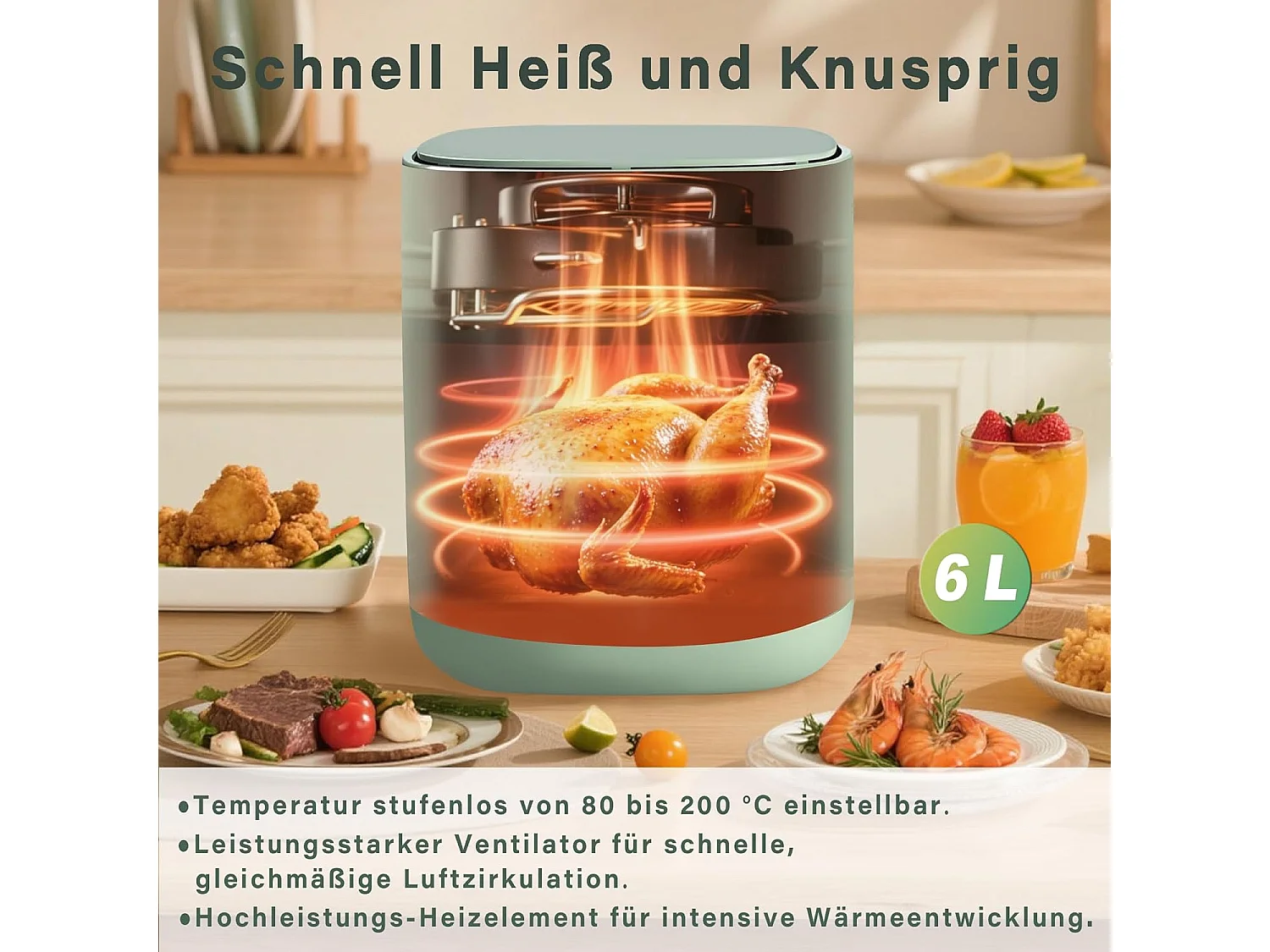 Nettlife 6L Heißluftfritteuse, Einzelkorb, Sichtfenster, 7 Kochprogramme, leise (grün)
