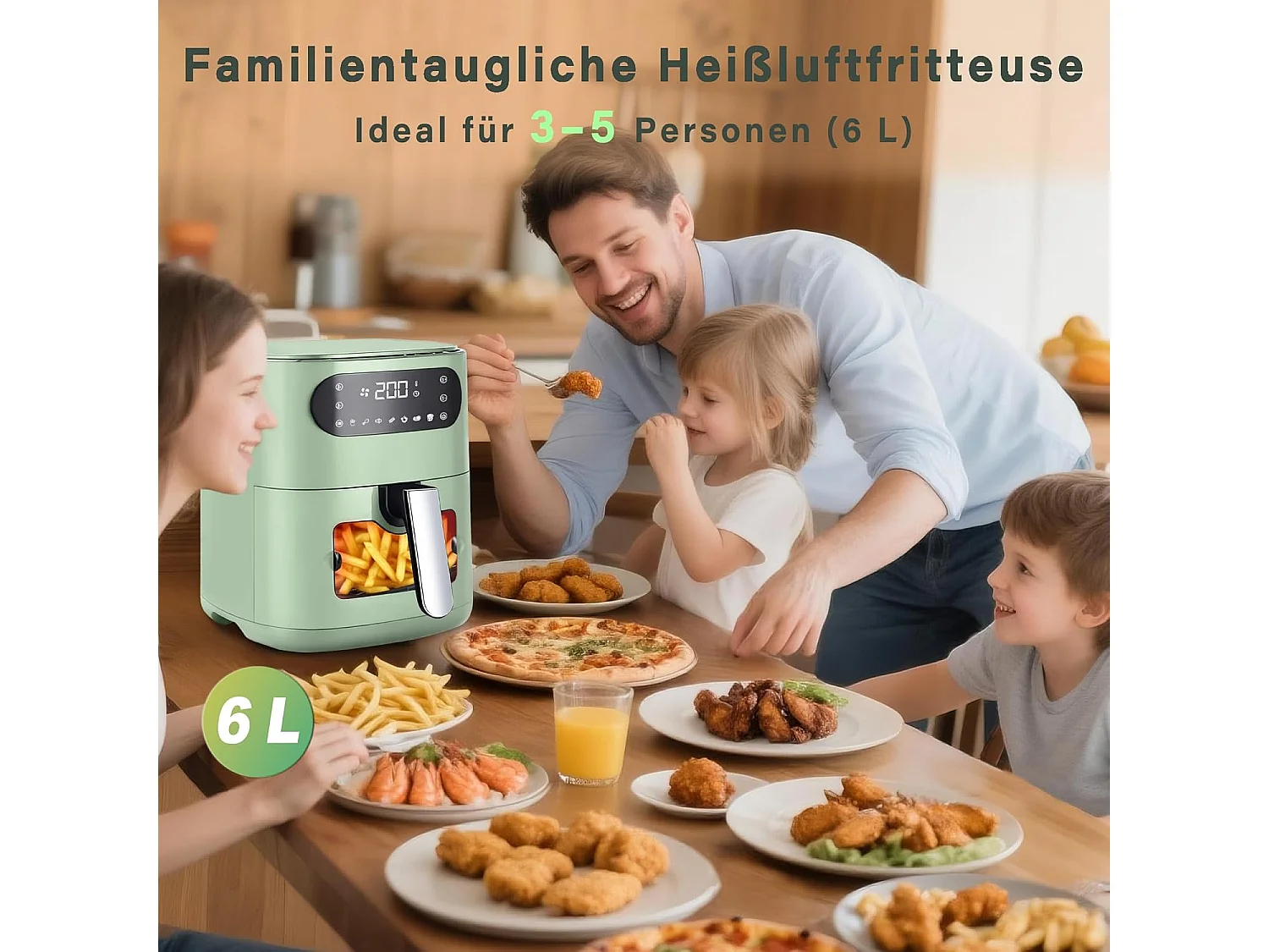 Nettlife 6L Heißluftfritteuse, Einzelkorb, Sichtfenster, 7 Kochprogramme, leise (grün)
