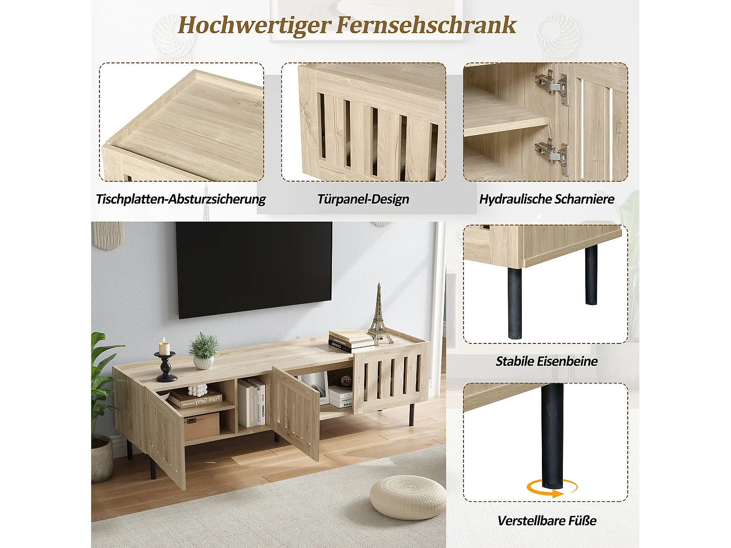 Minimalistischer, niedriger TV-Ständer – 160 x 40 x 47 cm – mit durchbrochenem Design und 3 Türen – für 65-Zoll-Fernseher – MDF – natur