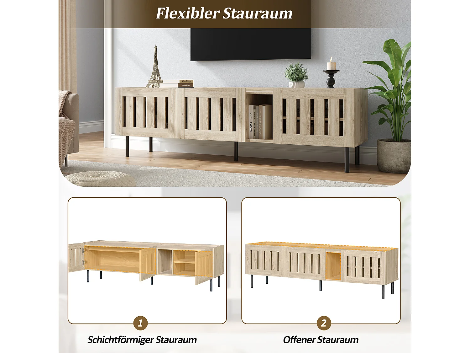 Minimalistischer, niedriger TV-Ständer – 160 x 40 x 47 cm – mit durchbrochenem Design und 3 Türen – für 65-Zoll-Fernseher – MDF – natur