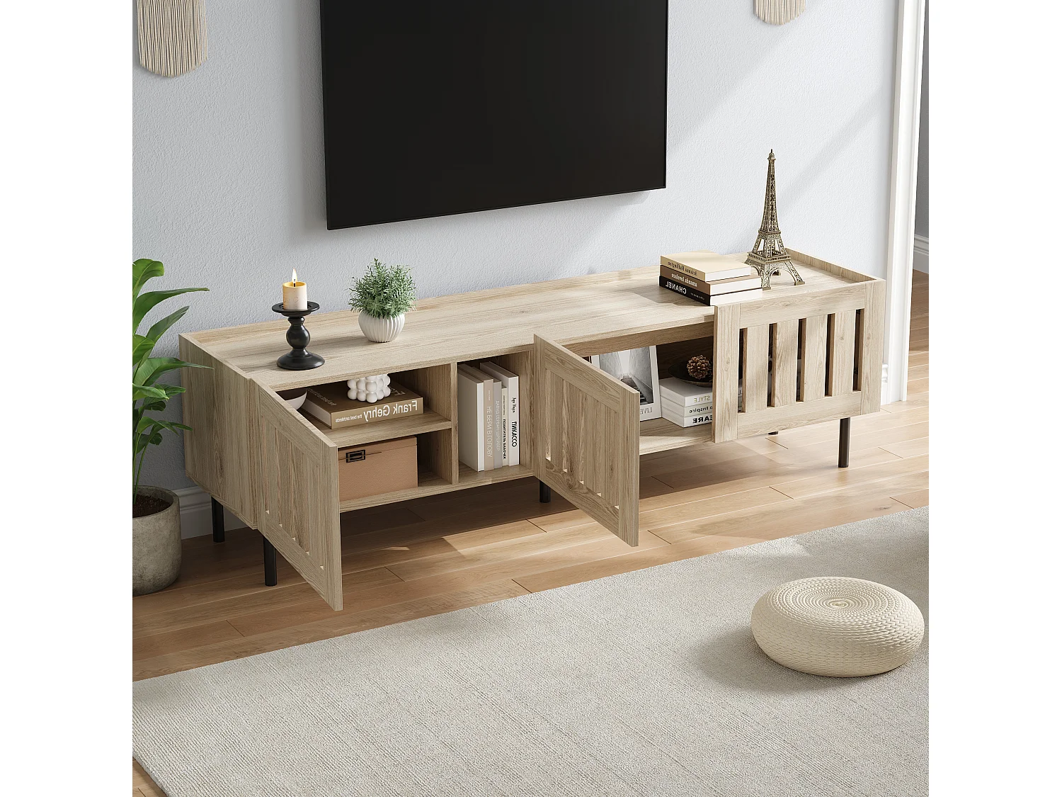 Minimalistischer, niedriger TV-Ständer – 160 x 40 x 47 cm – mit durchbrochenem Design und 3 Türen – für 65-Zoll-Fernseher – MDF – natur