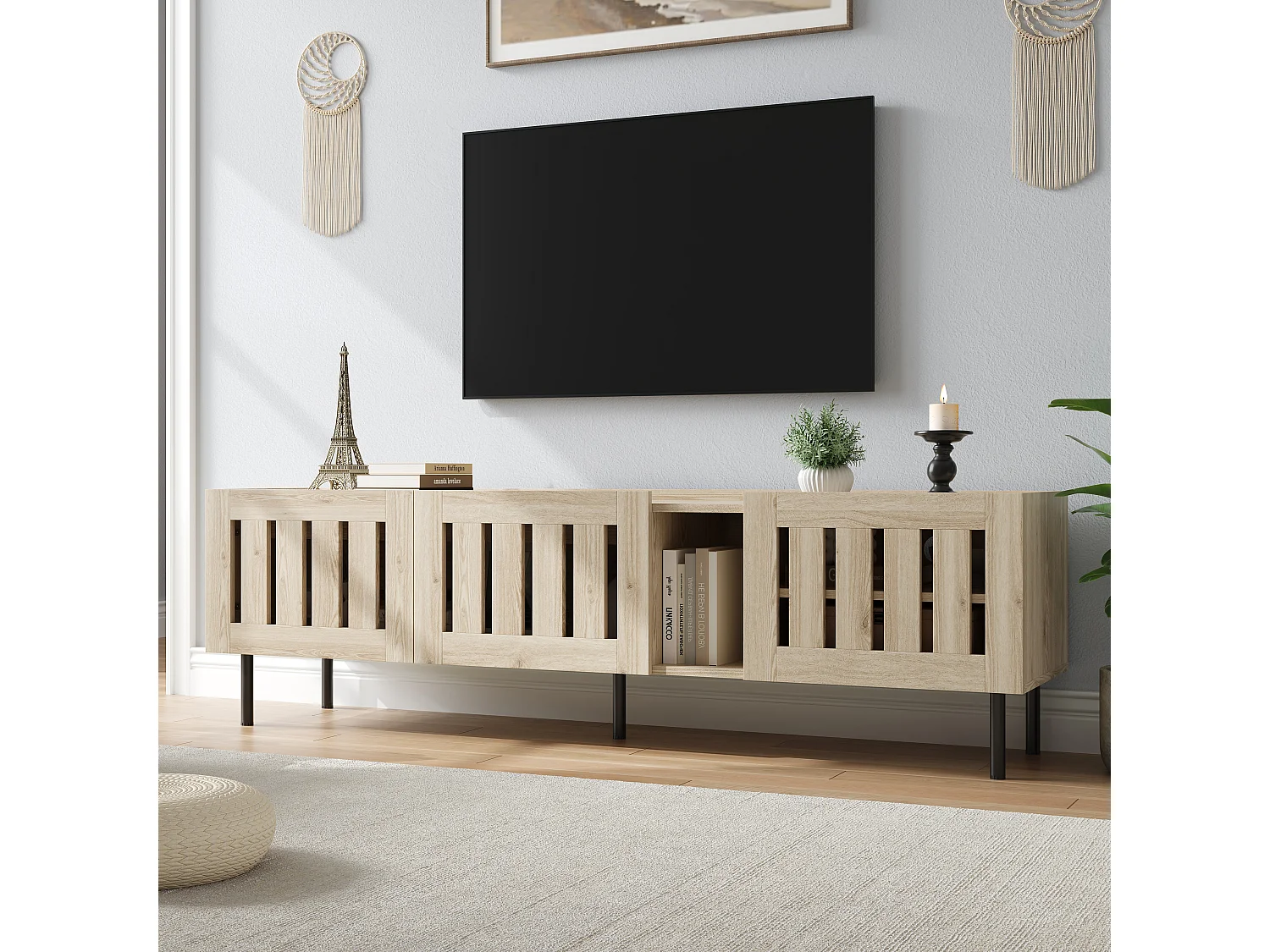 Minimalistischer, niedriger TV-Ständer – 160 x 40 x 47 cm – mit durchbrochenem Design und 3 Türen – für 65-Zoll-Fernseher – MDF – natur