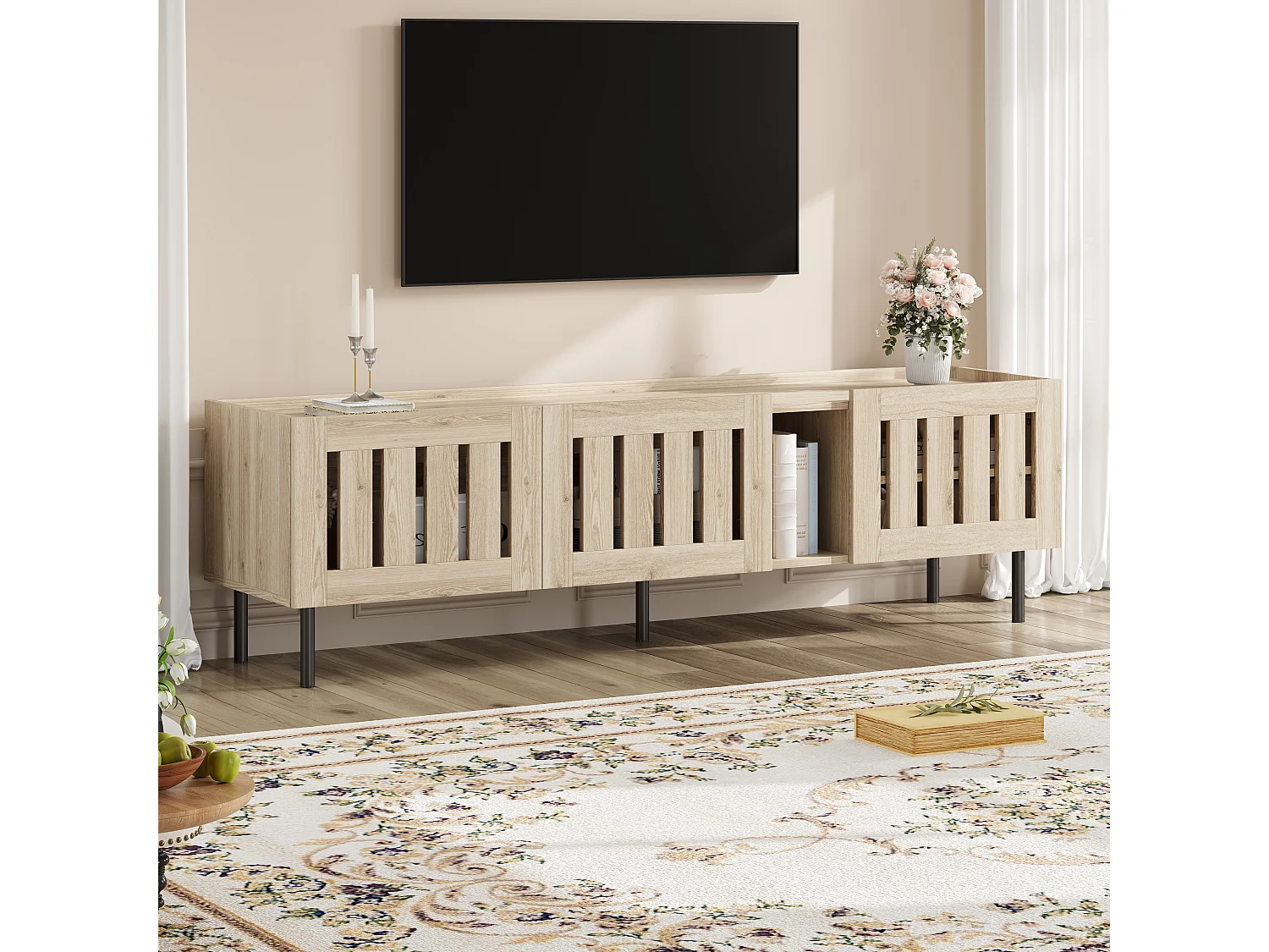 Minimalistischer, niedriger TV-Ständer – 160 x 40 x 47 cm – mit durchbrochenem Design und 3 Türen – für 65-Zoll-Fernseher – MDF – natur