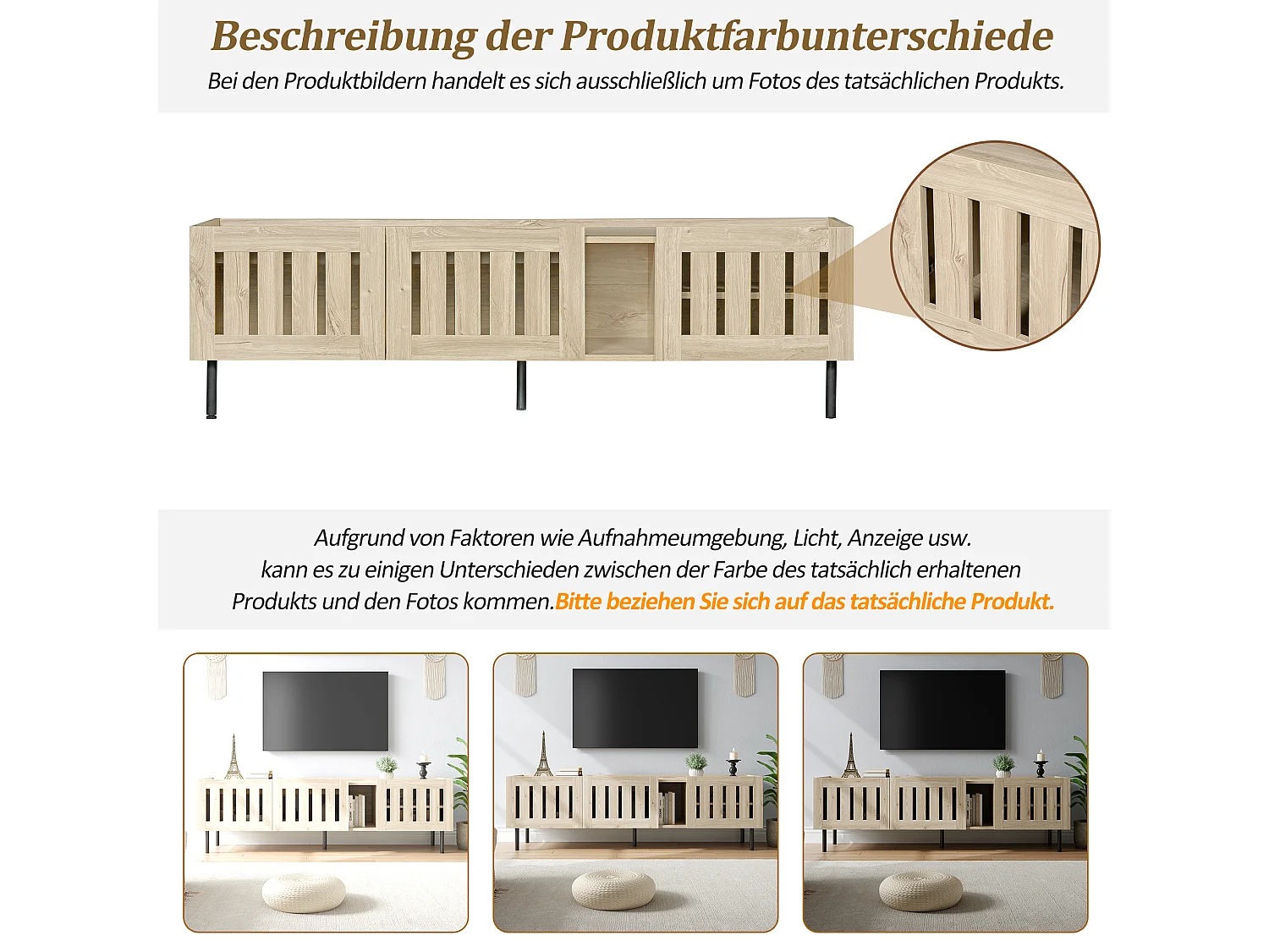 Minimalistischer, niedriger TV-Ständer – 160 x 40 x 47 cm – mit durchbrochenem Design und 3 Türen – für 65-Zoll-Fernseher – MDF – natur