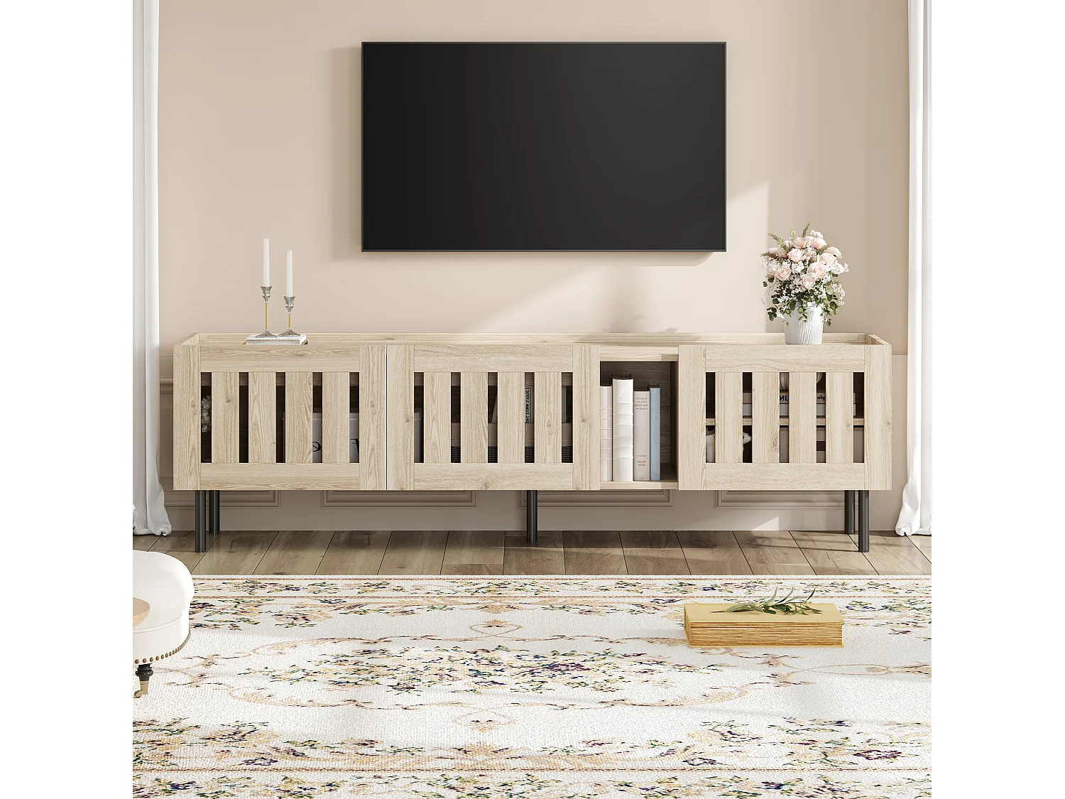 Meuble TV bas minimaliste - 160 x 40 x 47 cm - avec design ajouré + 3 portes - pour TV 65 pouces - MDF - naturel