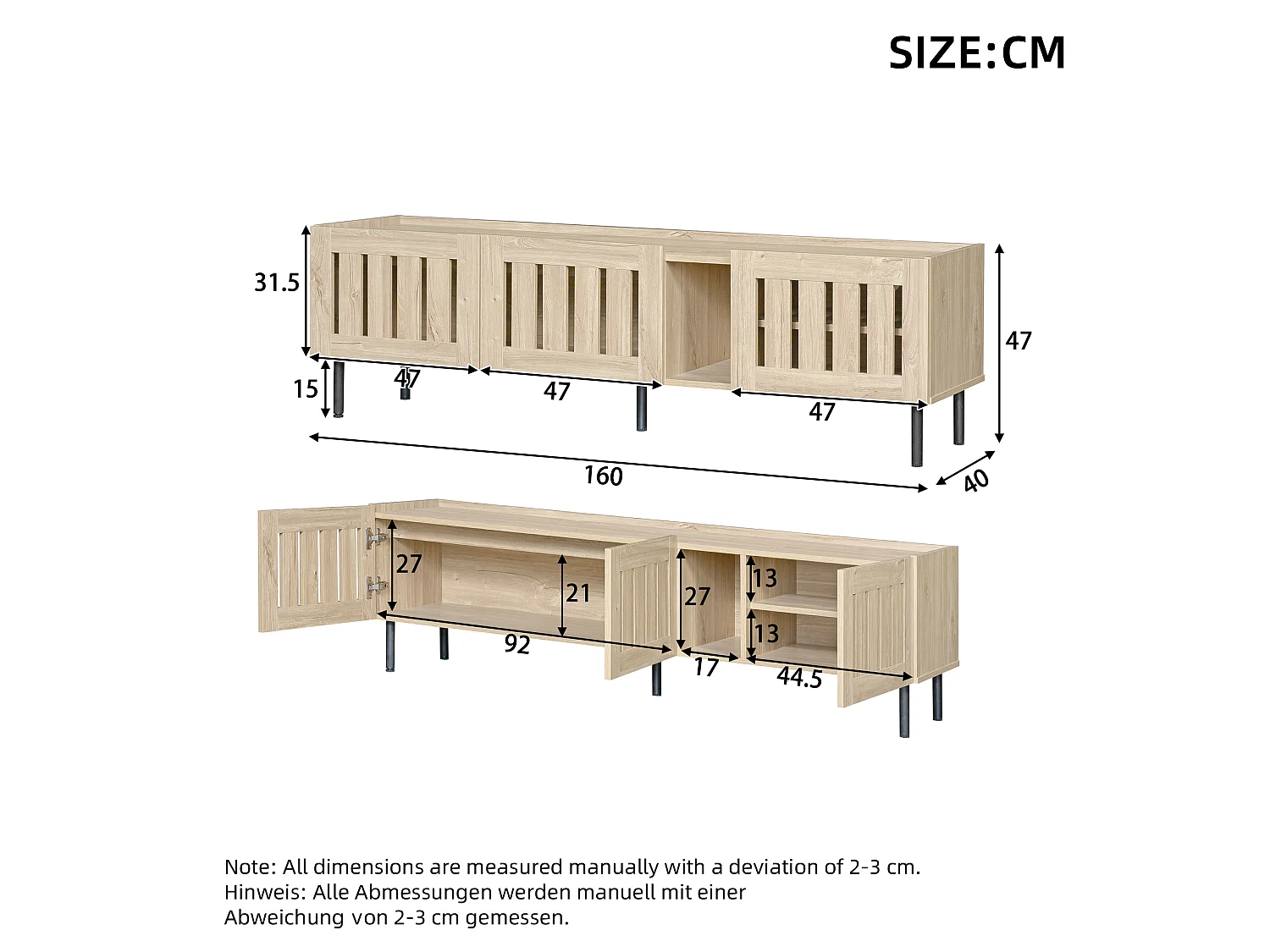 Meuble TV bas minimaliste - 160 x 40 x 47 cm - avec design ajouré + 3 portes - pour TV 65 pouces - MDF - naturel