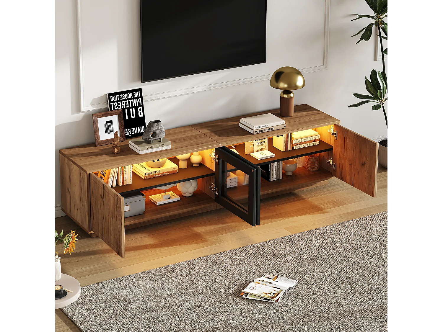 TV-Möbel fürs Wohnzimmer – 180 x 40 x 45 cm – mit 4 Türen + LED-Beleuchtung – für 75-Zoll-Fernseher – Spanplatte + Glas – Natur und Schwarz