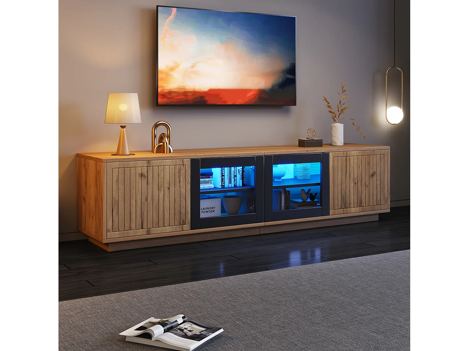TV-Möbel fürs Wohnzimmer – 180 x 40 x 45 cm – mit 4 Türen + LED-Beleuchtung – für 75-Zoll-Fernseher – Spanplatte + Glas – Natur und Schwarz