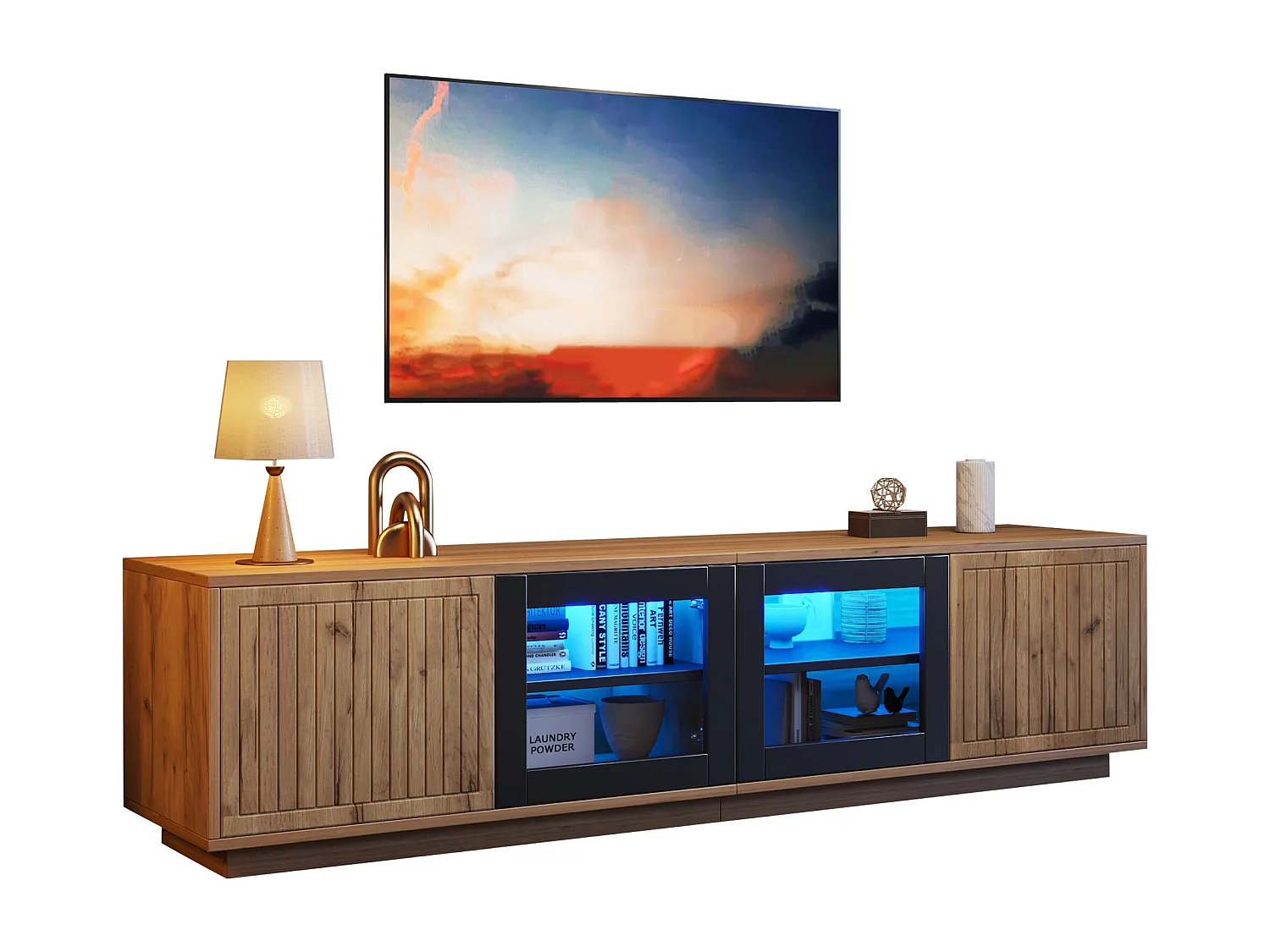 TV-Möbel fürs Wohnzimmer – 180 x 40 x 45 cm – mit 4 Türen + LED-Beleuchtung – für 75-Zoll-Fernseher – Spanplatte + Glas – Natur und Schwarz