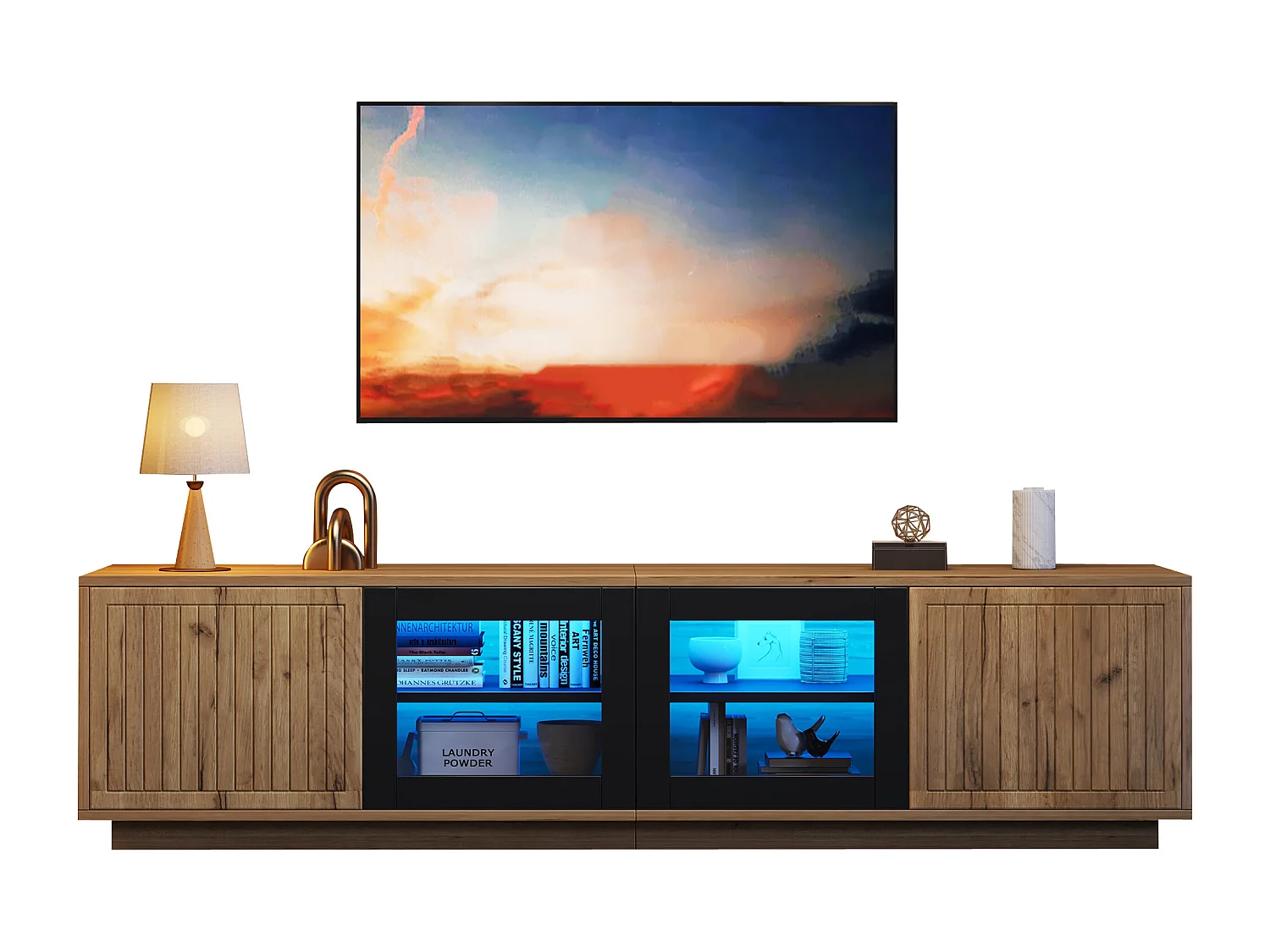 Meuble TV de salon - 180 x 40 x 45 cm - avec 4 portes + Leds - pour TV 75 pouces - aggloméré + verre - naturel et noir
