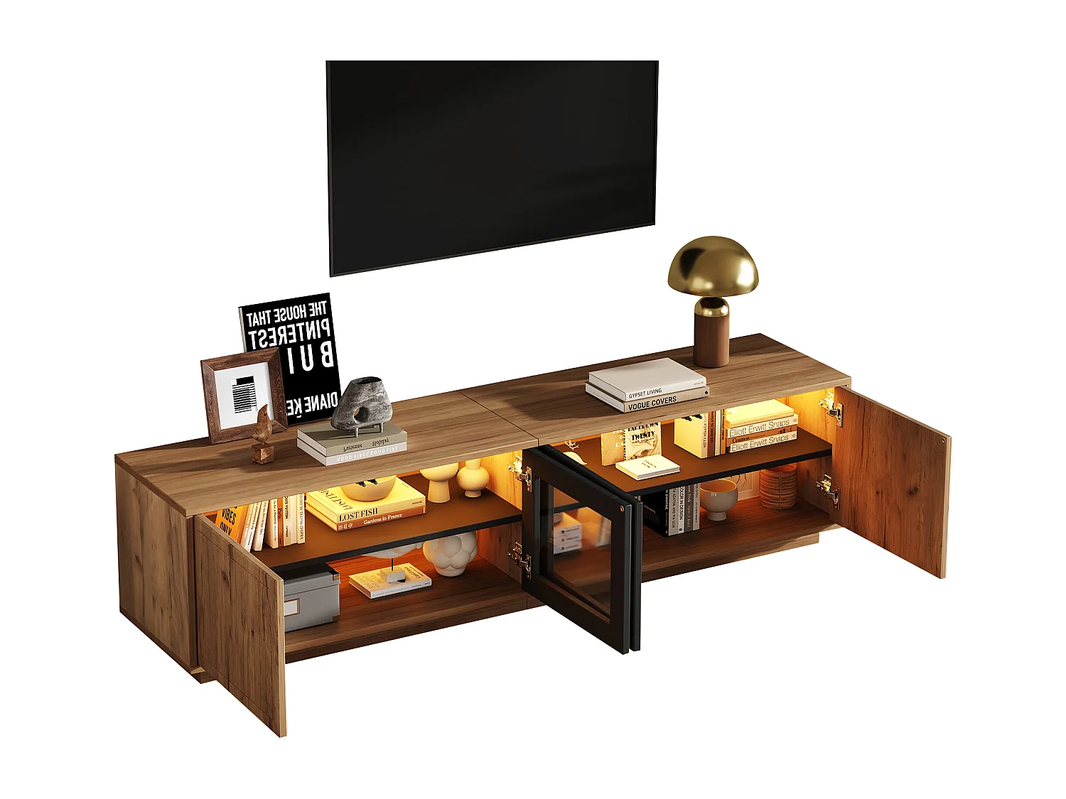 Meuble TV de salon - 180 x 40 x 45 cm - avec 4 portes + Leds - pour TV 75 pouces - aggloméré + verre - naturel et noir