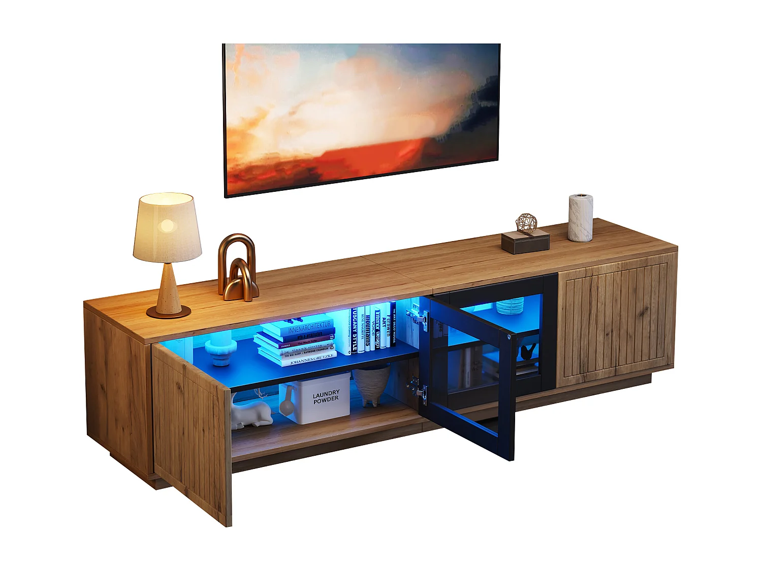 Meuble TV de salon - 180 x 40 x 45 cm - avec 4 portes + Leds - pour TV 75 pouces - aggloméré + verre - naturel et noir