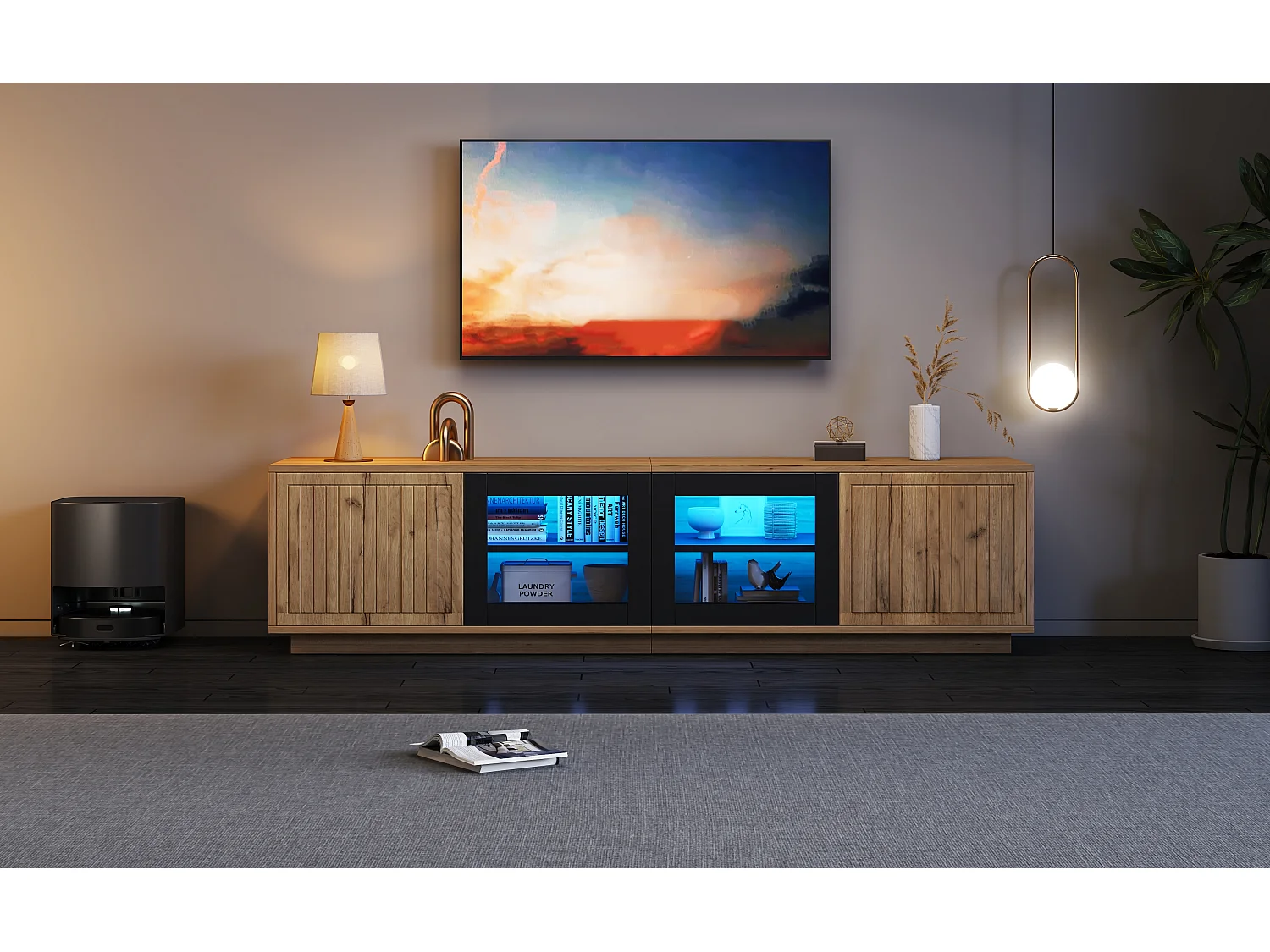 Meuble TV de salon - 180 x 40 x 45 cm - avec 4 portes + Leds - pour TV 75 pouces - aggloméré + verre - naturel et noir