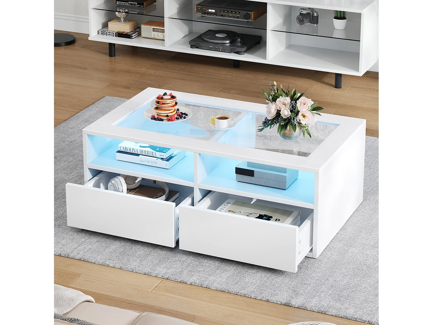 Couchtisch aus Glas – 100 x 50 x 35 cm – mit LED-Beleuchtung und 2 Schubladen – doppelte Tischplatte aus Glas und Spanplatte – weiß