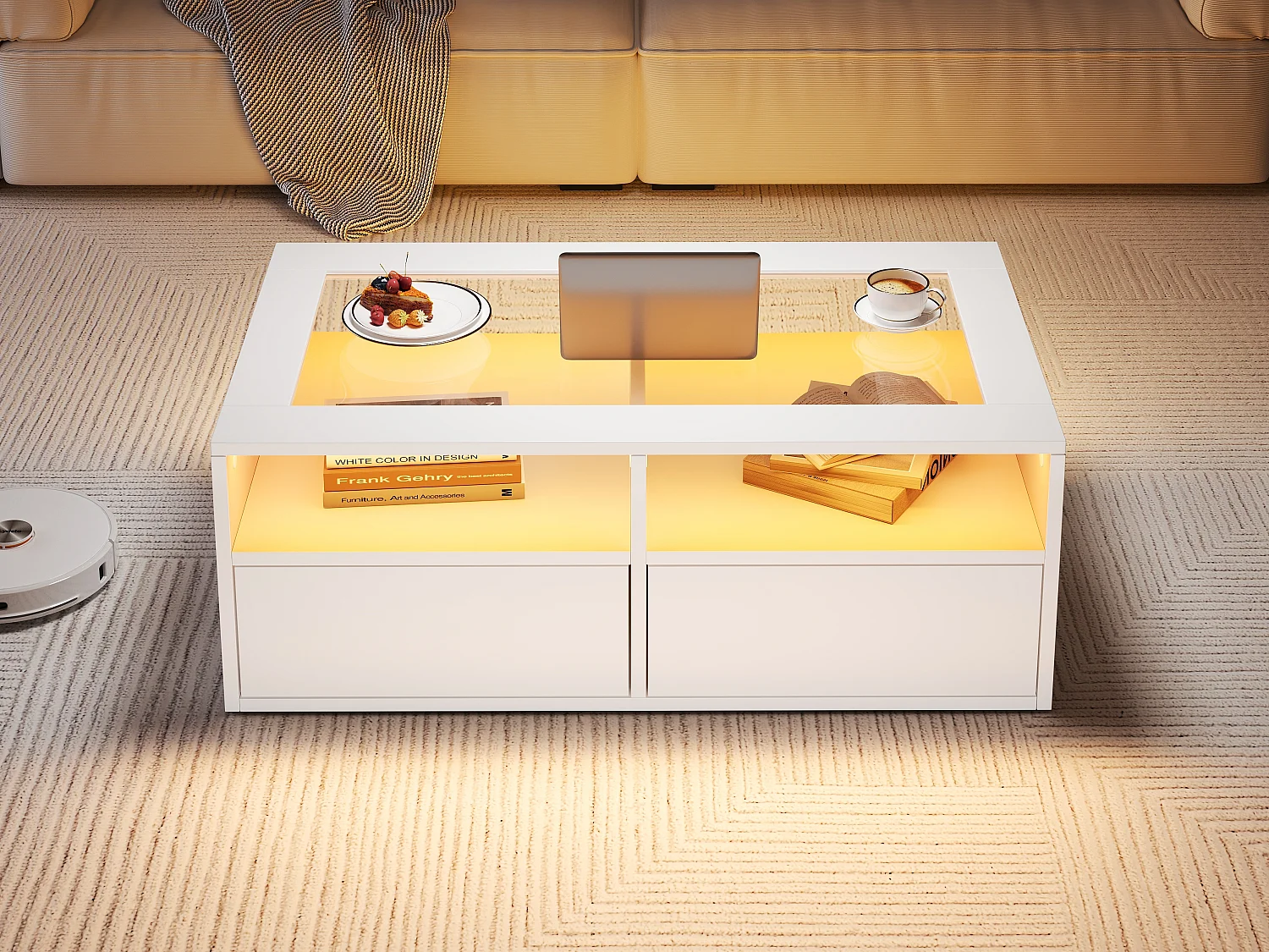 Couchtisch aus Glas – 100 x 50 x 35 cm – mit LED-Beleuchtung und 2 Schubladen – doppelte Tischplatte aus Glas und Spanplatte – weiß