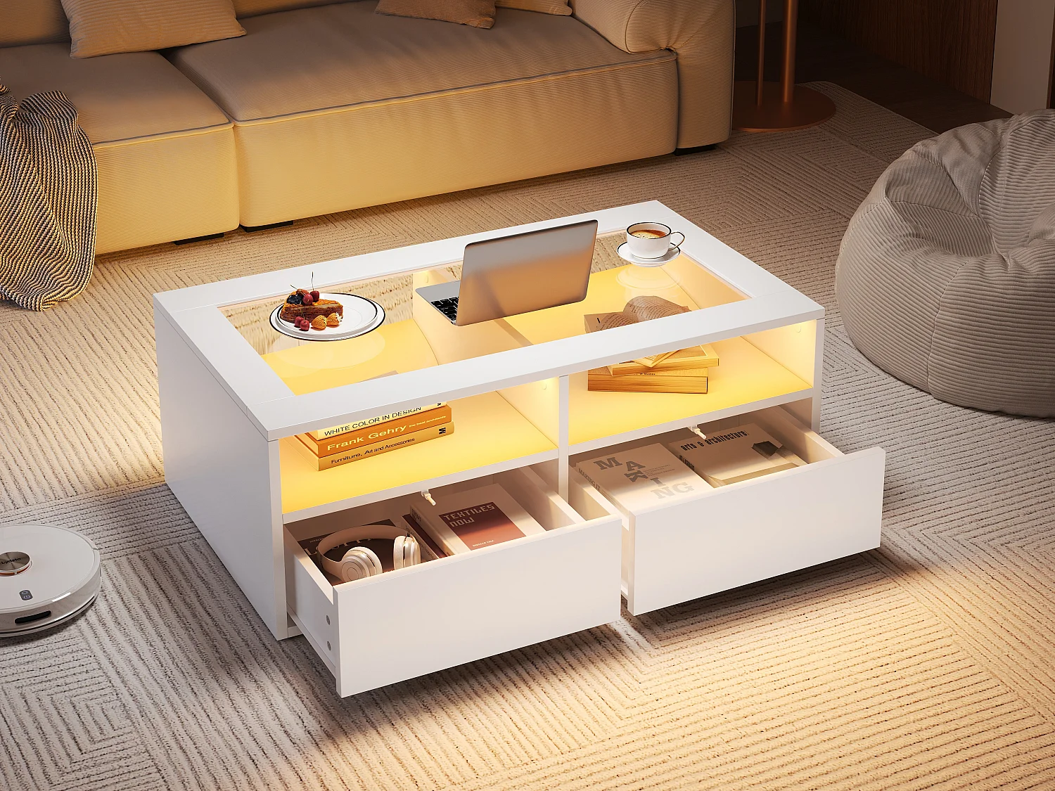 Couchtisch aus Glas – 100 x 50 x 35 cm – mit LED-Beleuchtung und 2 Schubladen – doppelte Tischplatte aus Glas und Spanplatte – weiß