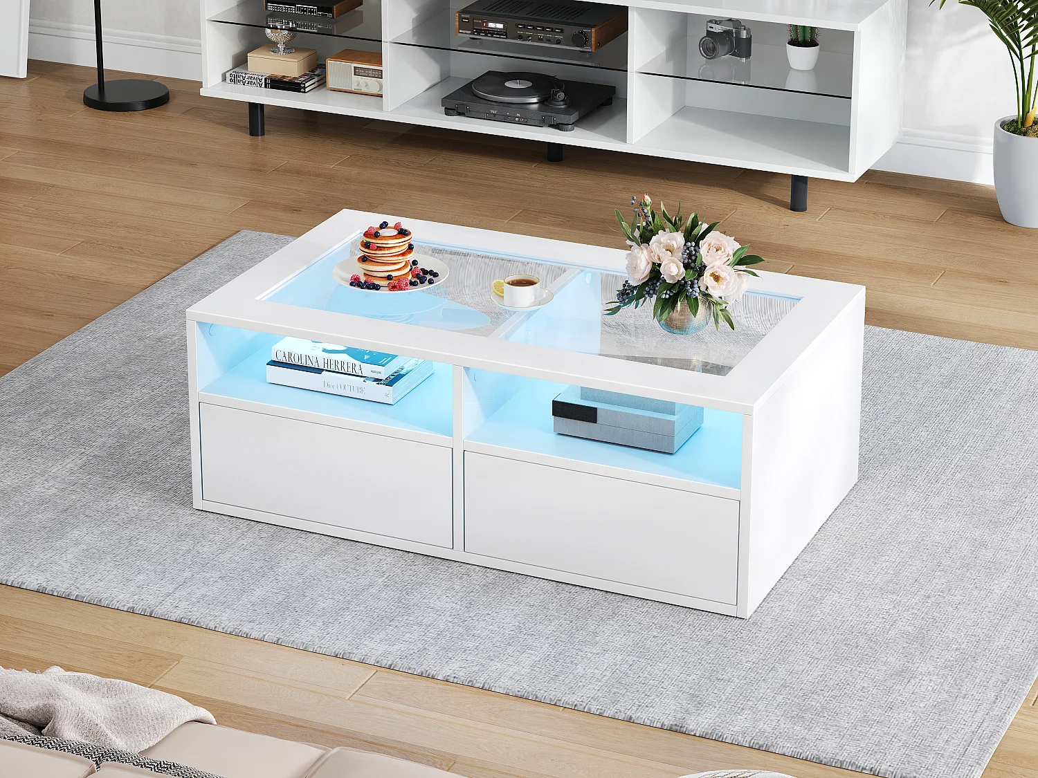 Couchtisch aus Glas – 100 x 50 x 35 cm – mit LED-Beleuchtung und 2 Schubladen – doppelte Tischplatte aus Glas und Spanplatte – weiß