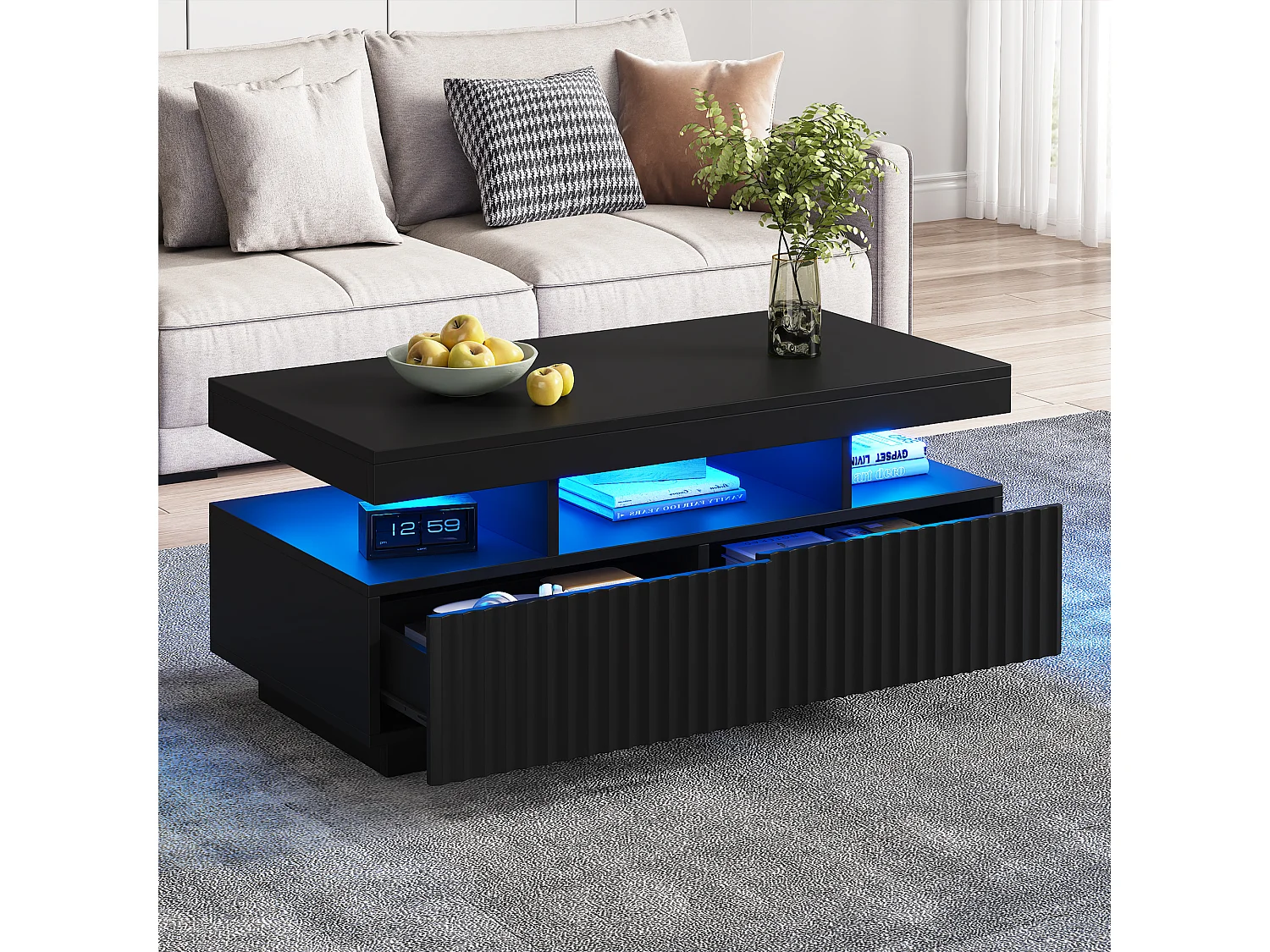 Wohnzimmer-Couchtisch – 100 x 50 x 45 cm – mit 2 Schubladen + LEDs – Spanplatte – schwarz