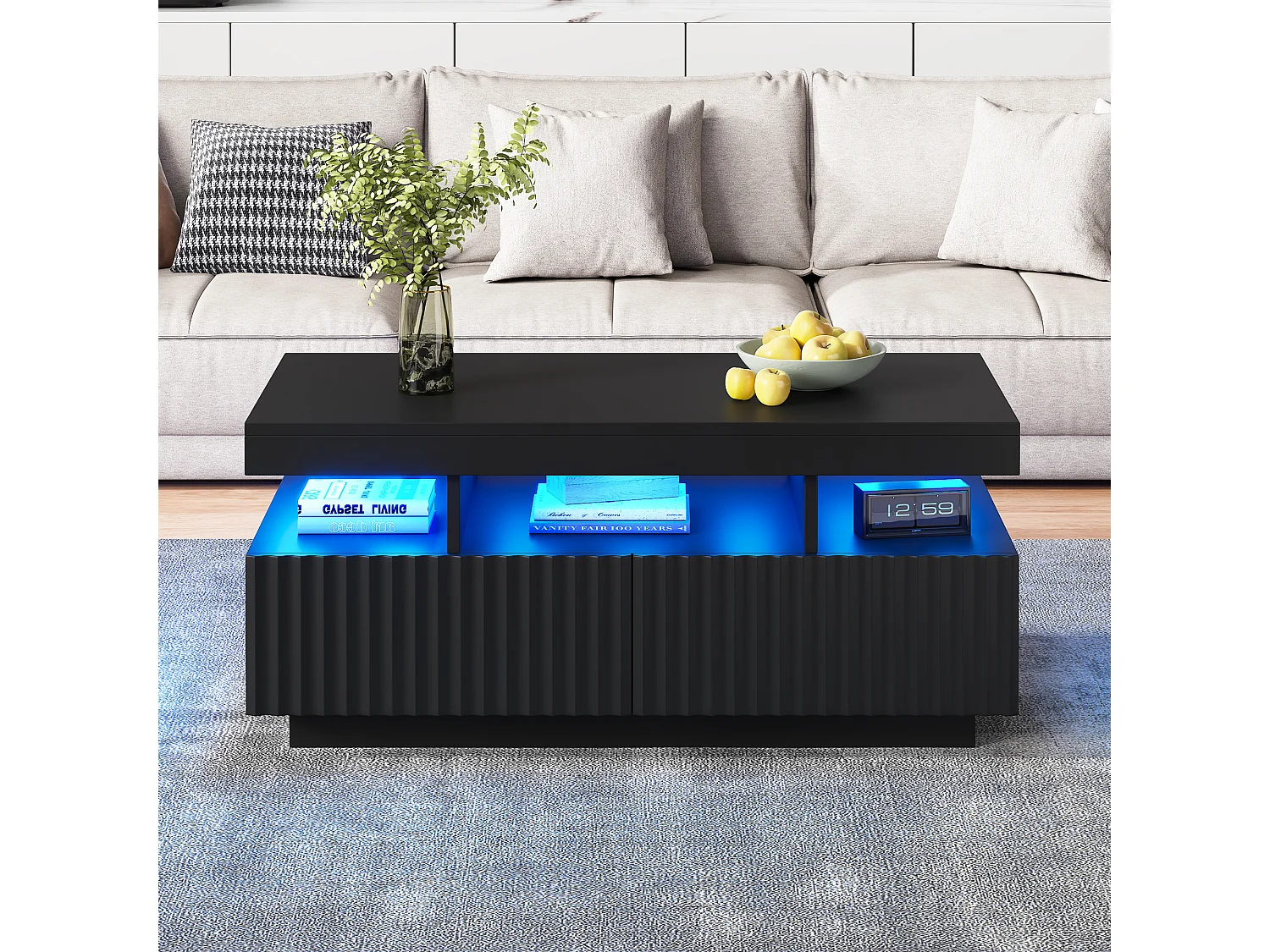 Wohnzimmer-Couchtisch – 100 x 50 x 45 cm – mit 2 Schubladen + LEDs – Spanplatte – schwarz